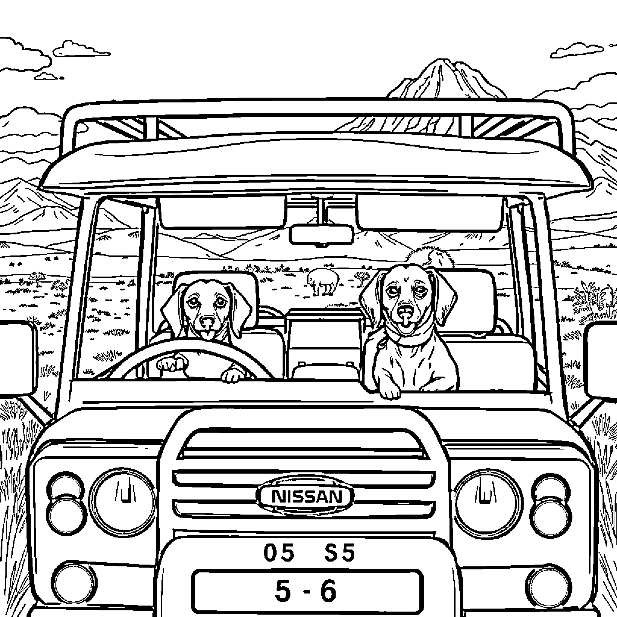 Nissan Patrol with dogs enjoying the scenic mountain view Coloring Page (free black-and-white line drawing printable PDF for all, from beginners to advanced learners, including children, teens, adults, and seniors)