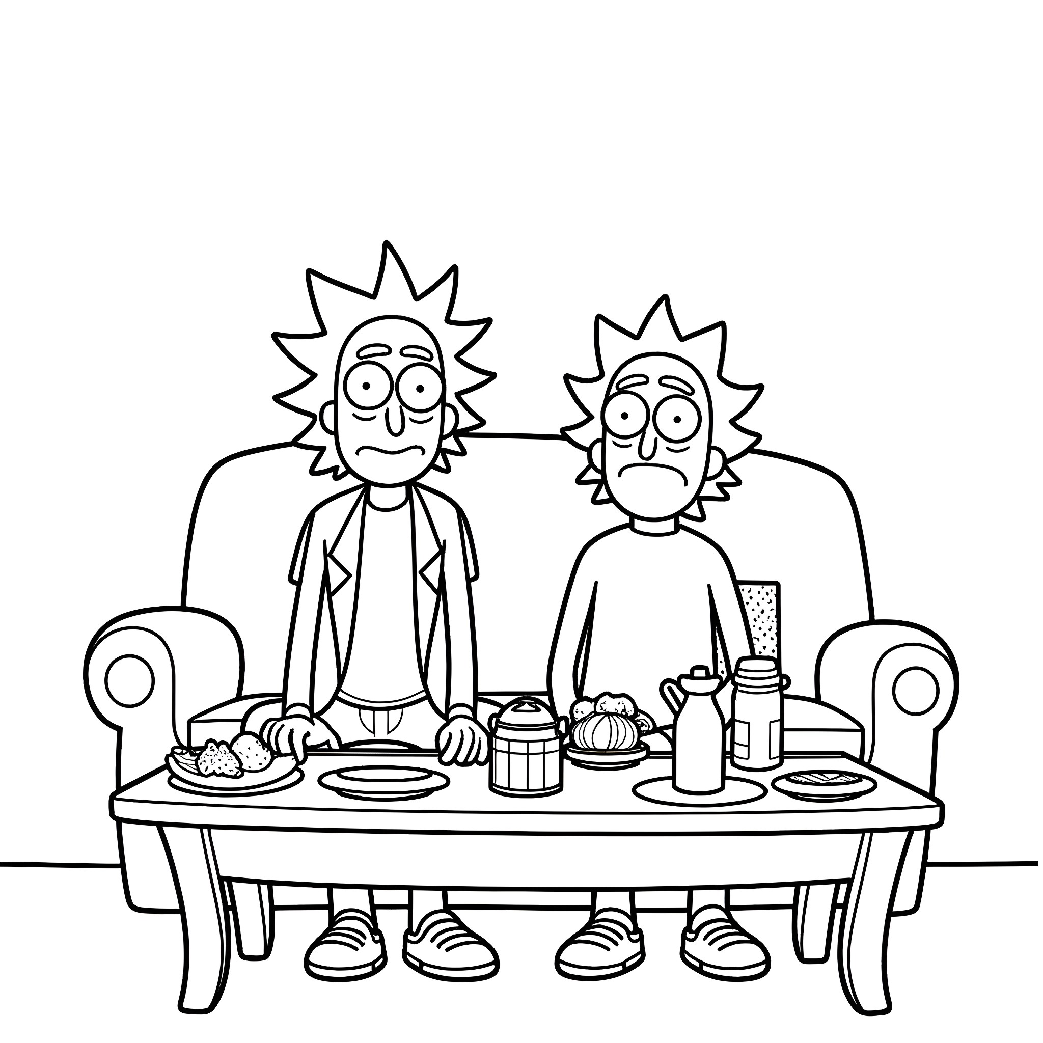 Rick enjoying a casual meal with a friend Coloring Page (free black-and-white line drawing printable PDF for all, from beginners to advanced learners, including children, teens, adults, and seniors)