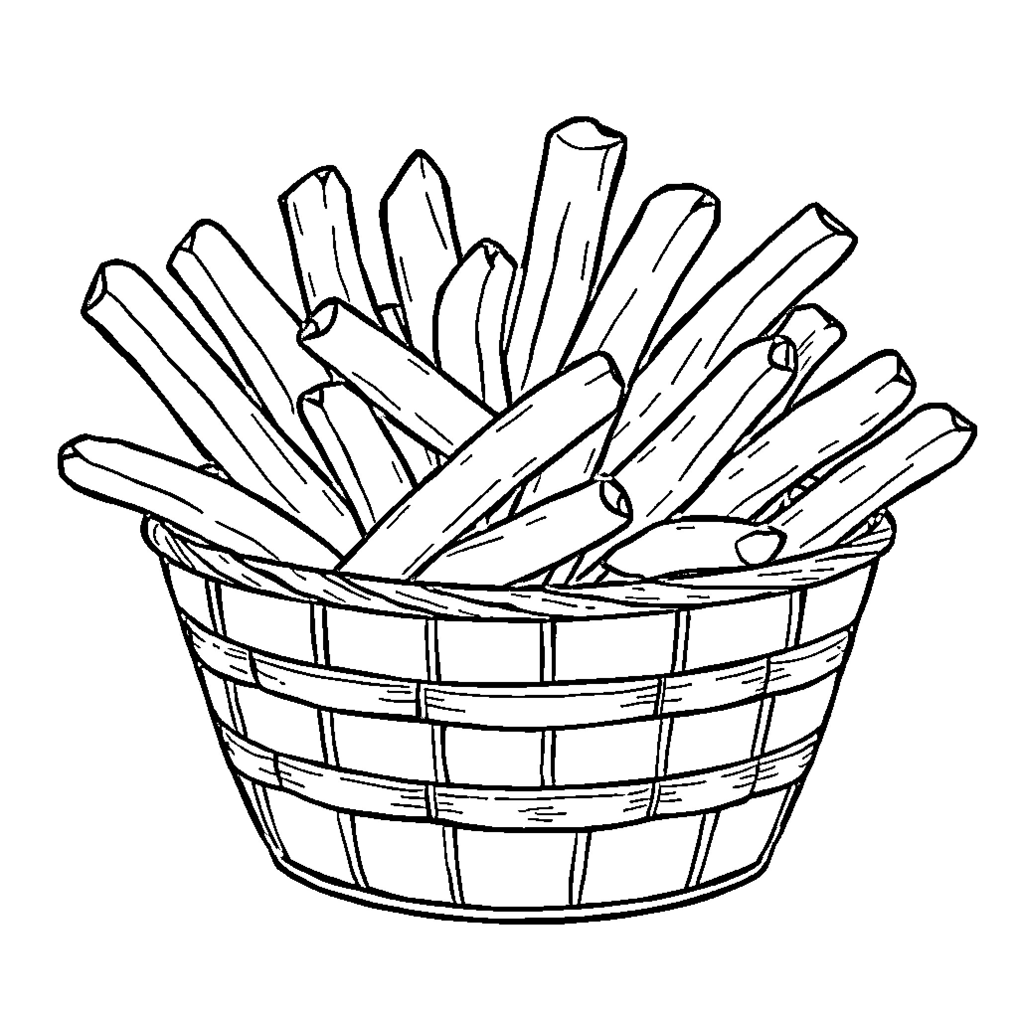 Turtle basket of crispy french fries Coloring Page (free black-and-white line drawing printable PDF for all, from beginners to advanced learners, including children, teens, adults, and seniors)