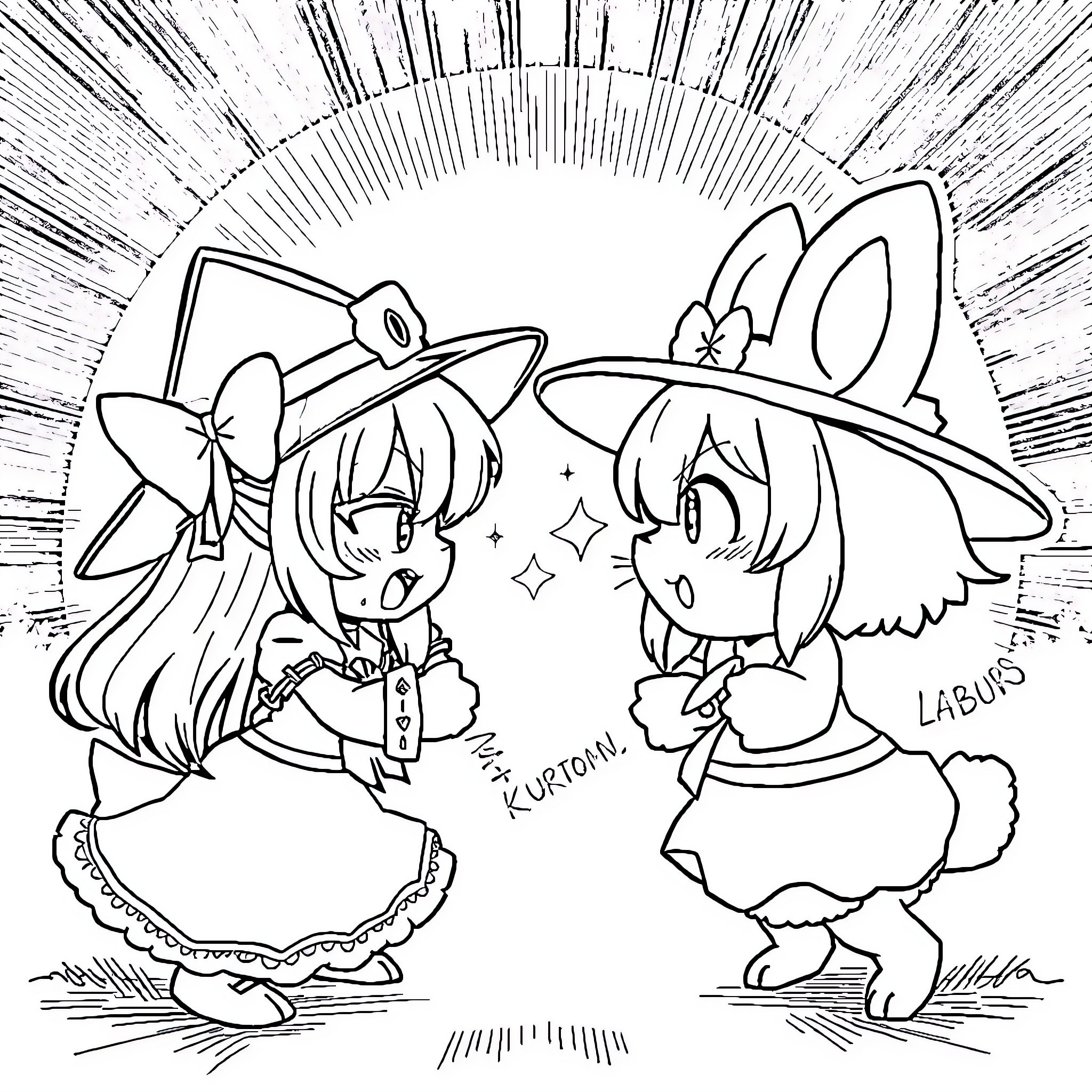 Kuromi and Rabits' Playful Antics Coloring Page (free black-and-white line drawing printable PDF for all, from beginners to advanced learners, including children, teens, adults, and seniors)