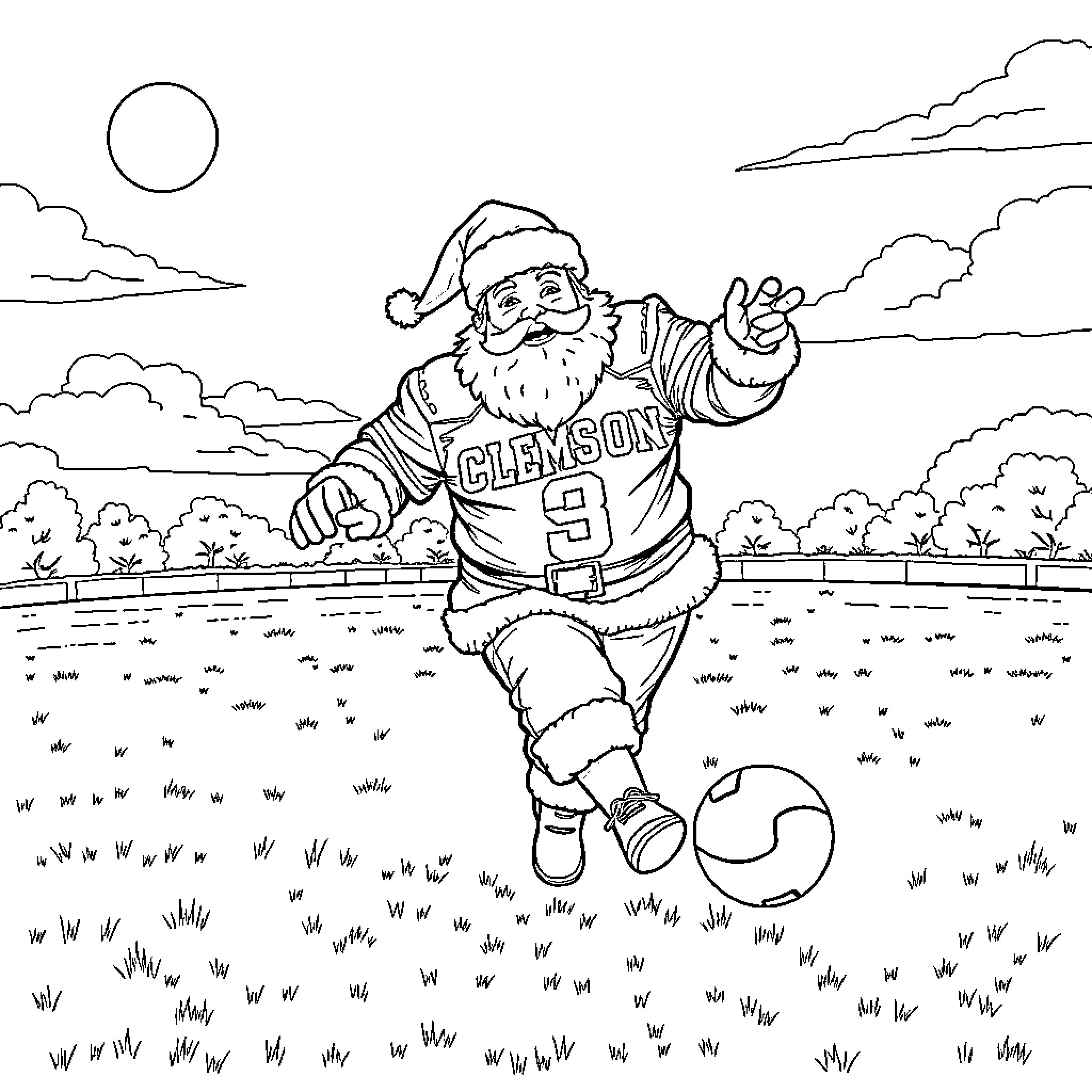 Santa playing football in a field Coloring Page (free black-and-white line drawing printable PDF for all, from beginners to advanced learners, including children, teens, adults, and seniors)