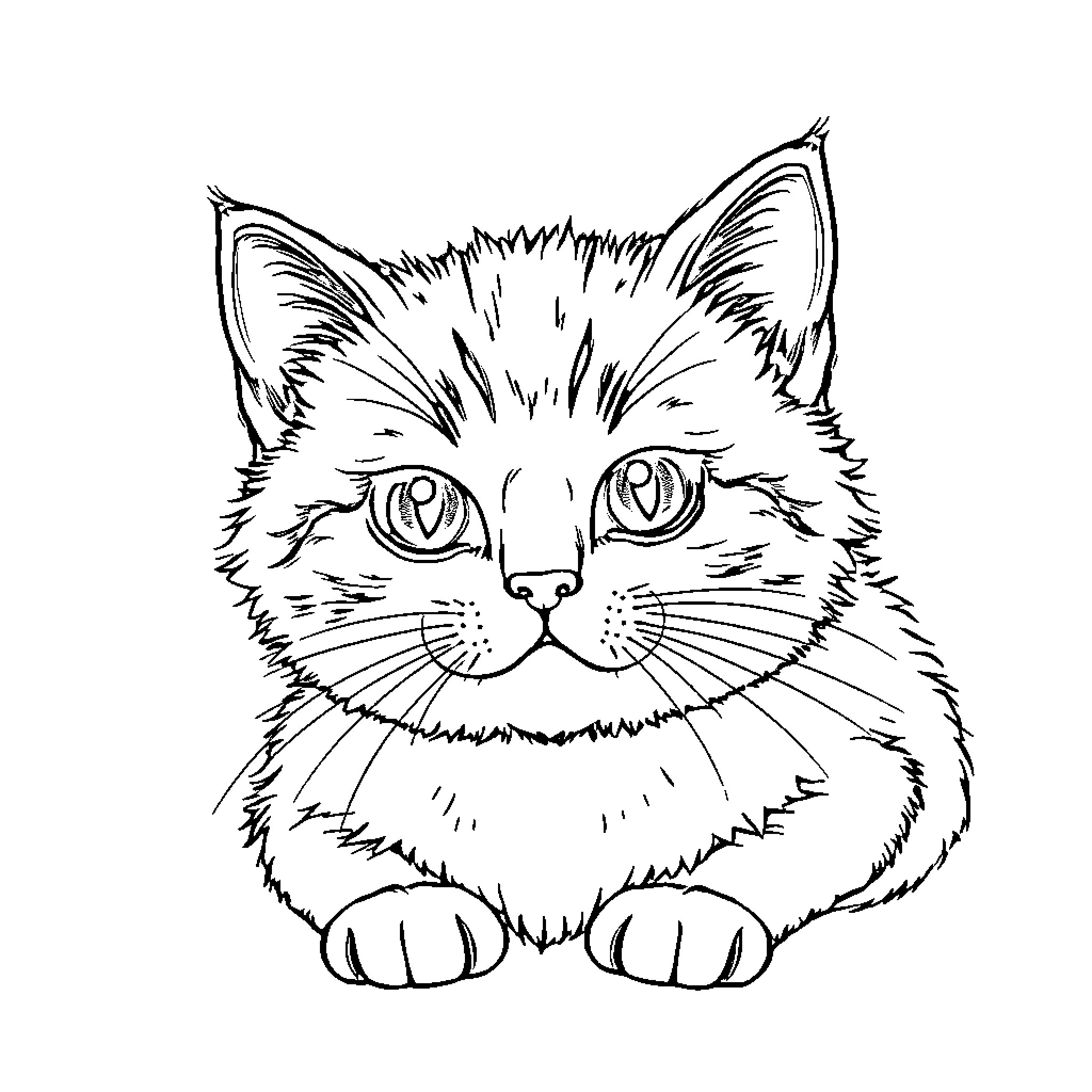 Cat staring curiously at viewer Coloring Page (free black-and-white line drawing printable PDF for all, from beginners to advanced learners, including children, teens, adults, and seniors)