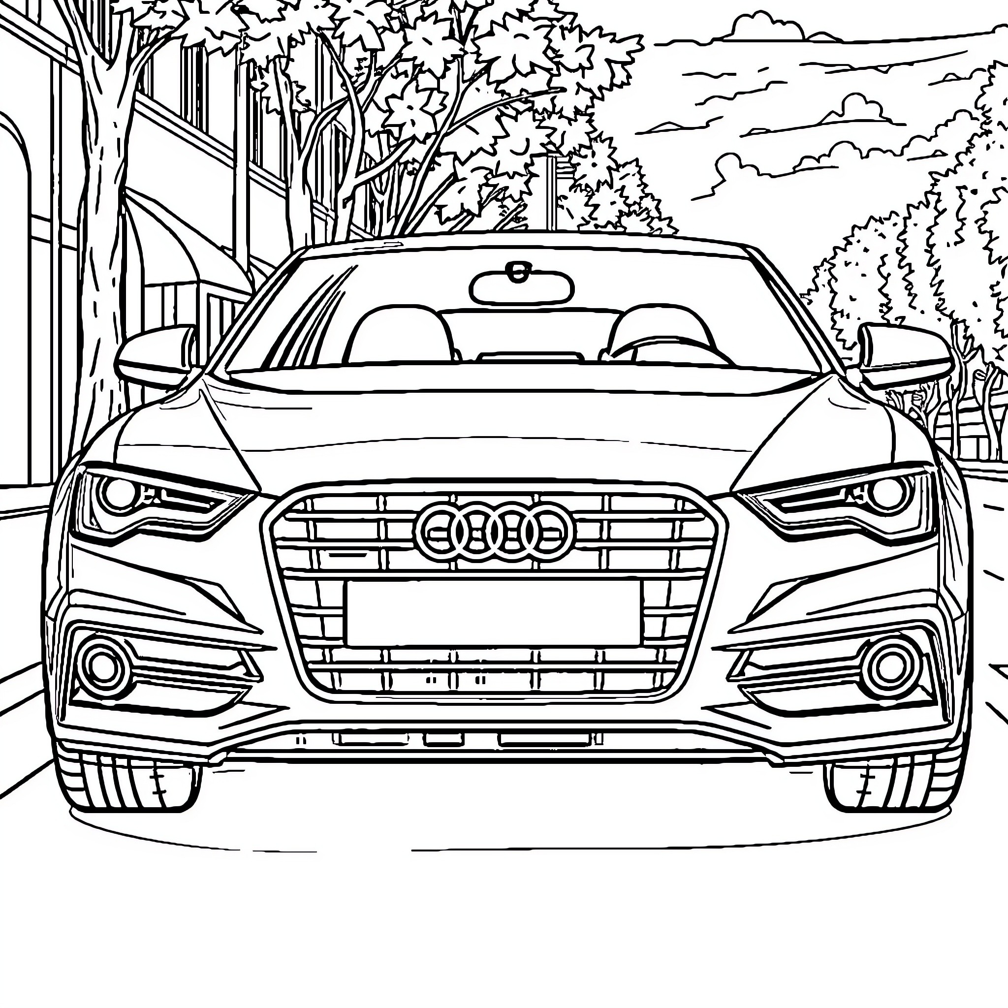 Audi sports car parked in scenic outdoor setting Coloring Page (free black-and-white line drawing printable PDF for all, from beginners to advanced learners, including children, teens, adults, and seniors)