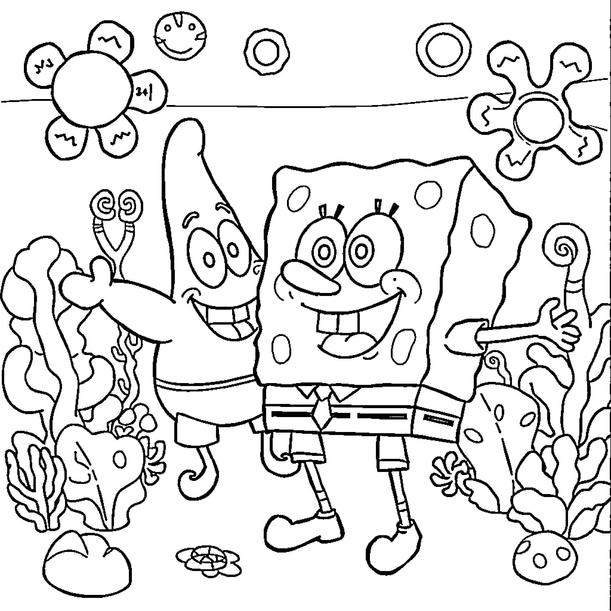 Spongebob and Friends in Underwater Adventures Coloring Page (free black-and-white line drawing printable PDF for all, from beginners to advanced learners, including children, teens, adults, and seniors)