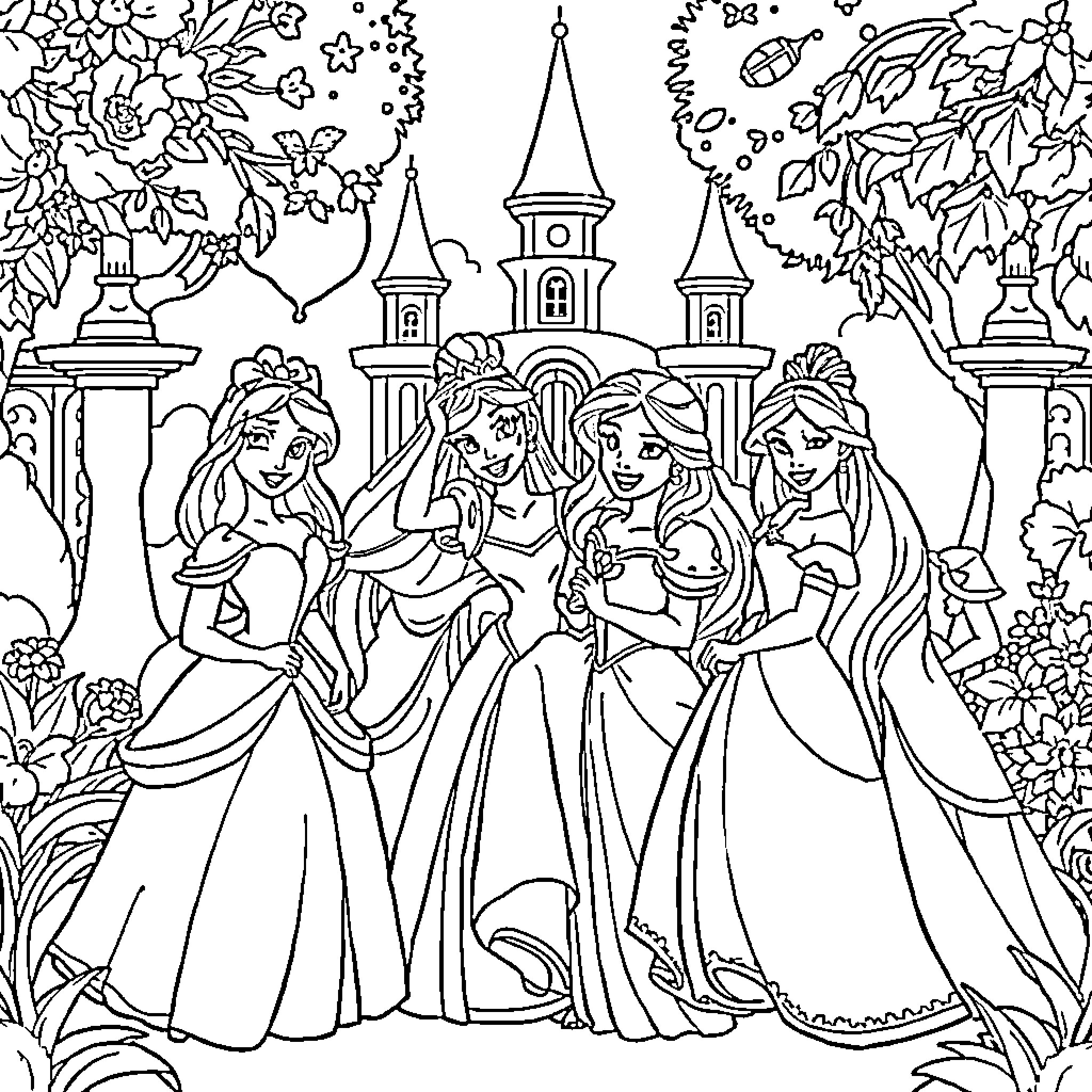 Disney Princesses Enjoying a Joyful Gathering Coloring Page (free black-and-white line drawing printable PDF for all, from beginners to advanced learners, including children, teens, adults, and seniors)