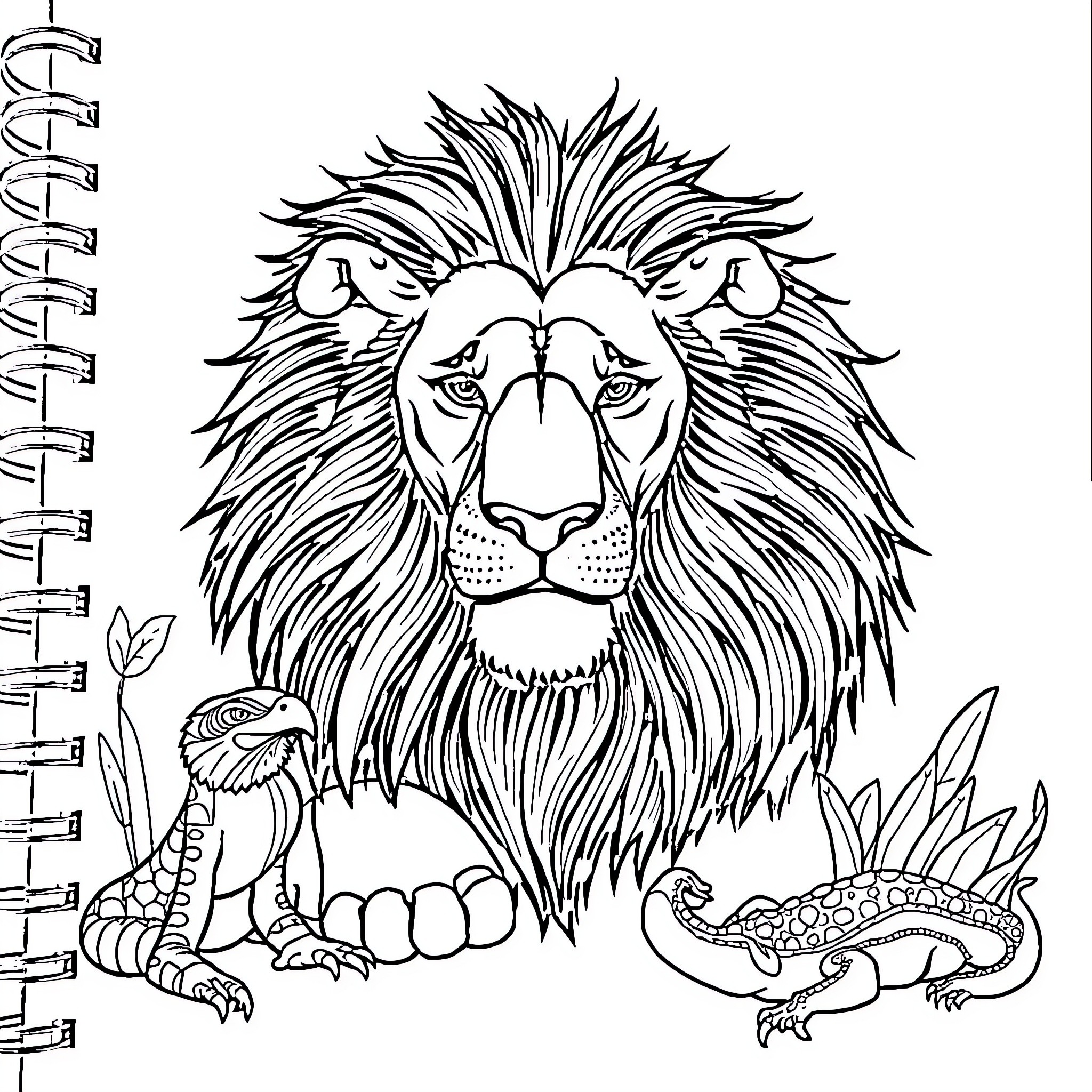 Animal resting in nature surrounded by creatures Coloring Page (free black-and-white line drawing printable PDF for all, from beginners to advanced learners, including children, teens, adults, and seniors)