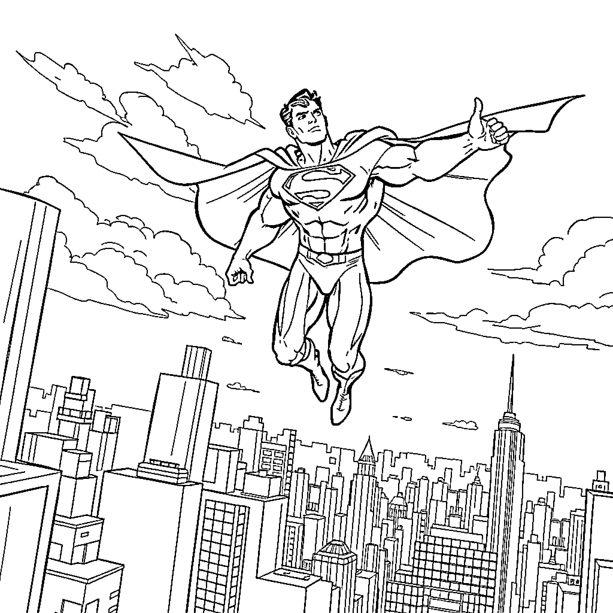 Superman soaring over the city skyline Coloring Page (free black-and-white line drawing printable PDF for all, from beginners to advanced learners, including children, teens, adults, and seniors)