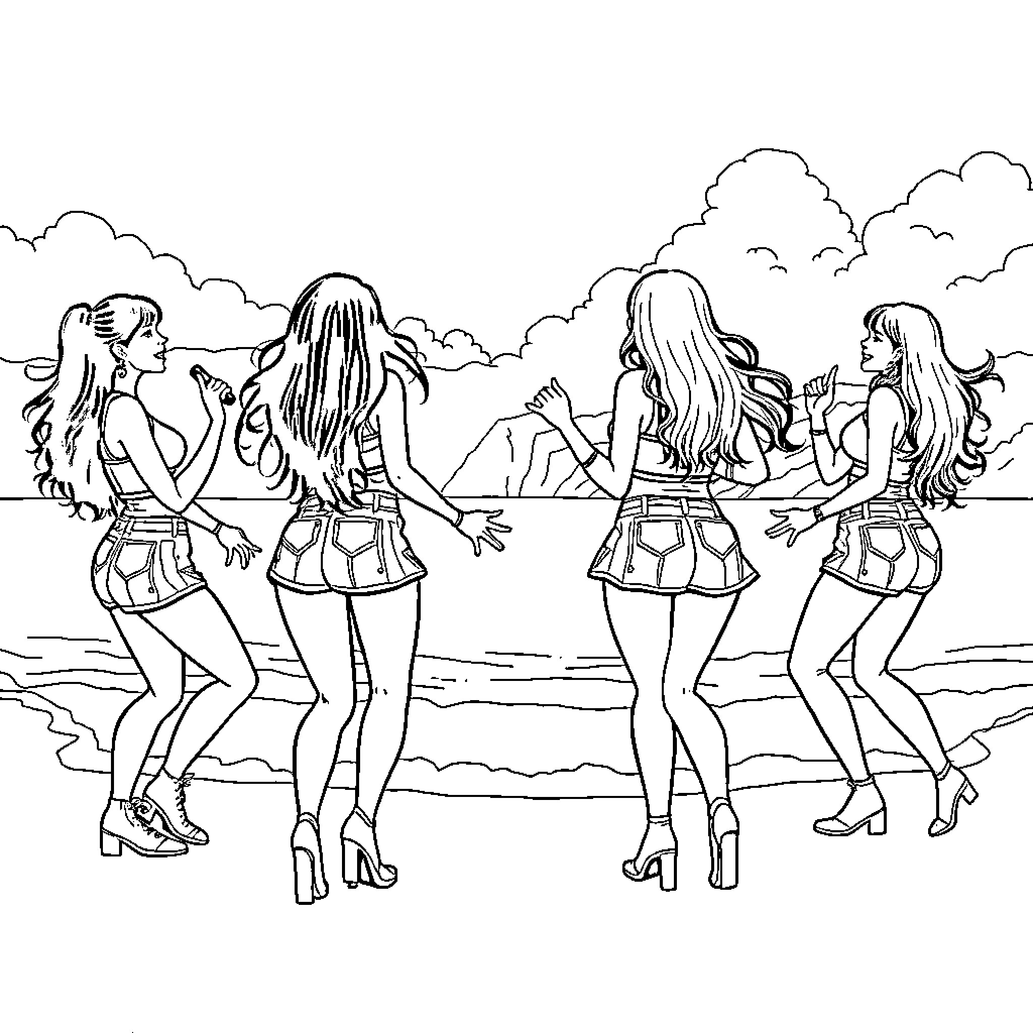 Kpop Fighters Striking Fierce Poses on the Beach Coloring Page (free black-and-white line drawing printable PDF for all, from beginners to advanced learners, including children, teens, adults, and seniors)