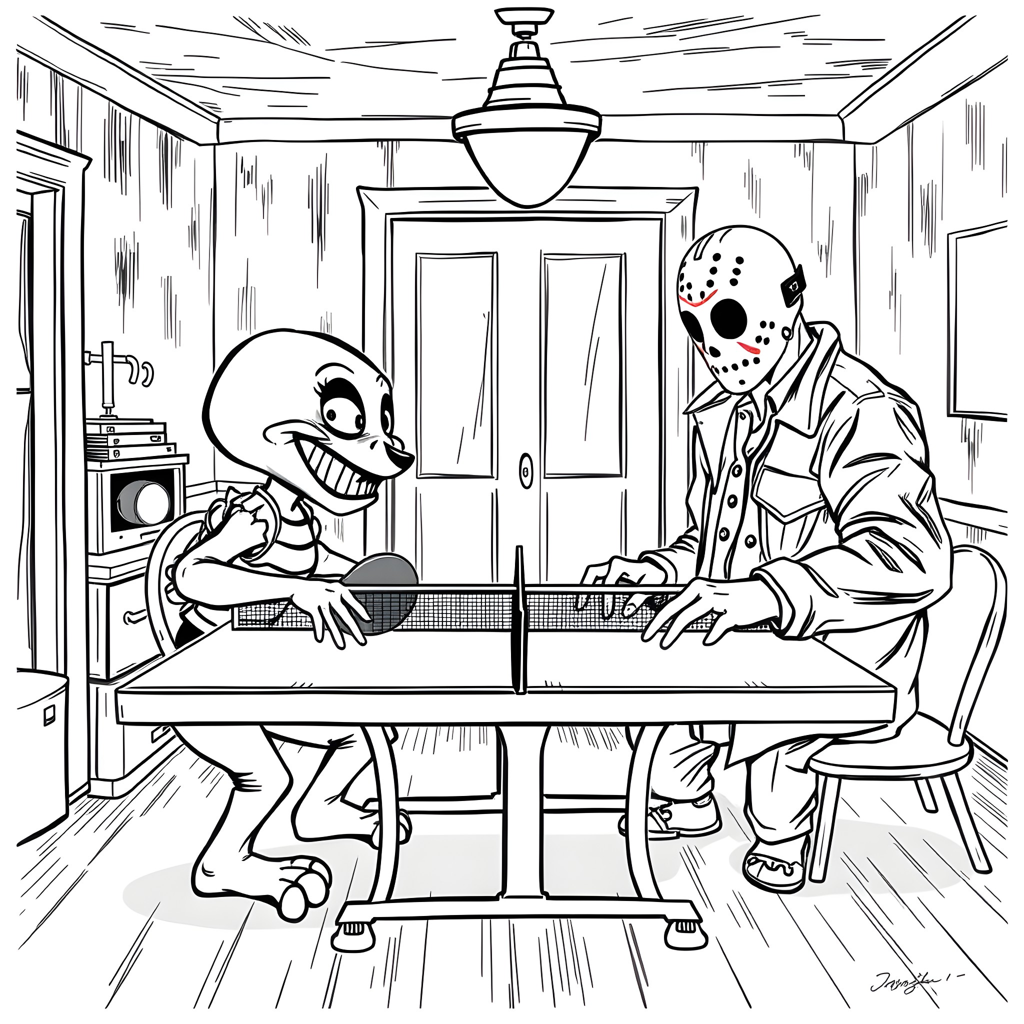 Springtrap playing ping-pong with a masked figure in a spooky room Coloring Page (free black-and-white line drawing printable PDF for all, from beginners to advanced learners, including children, teens, adults, and seniors)