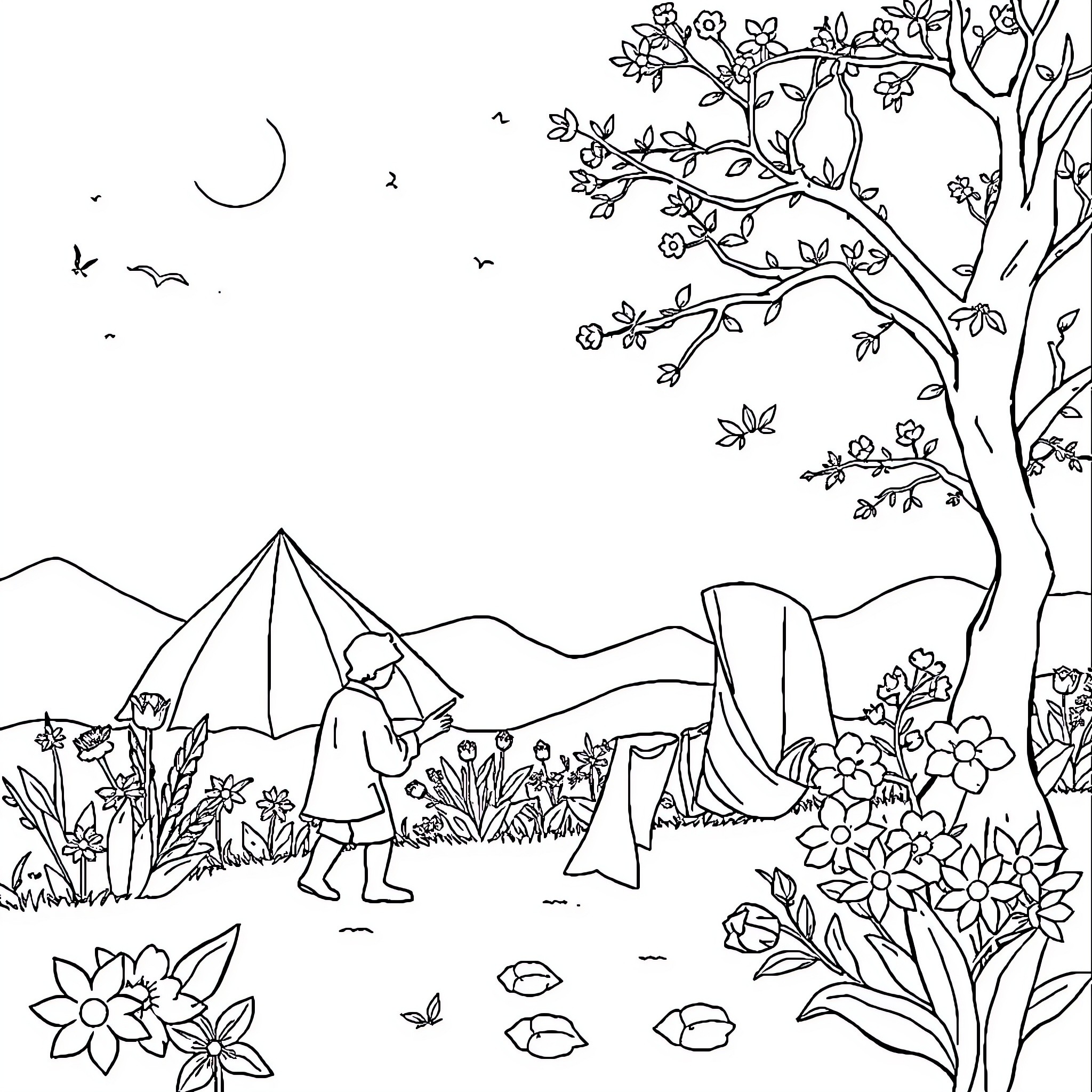Rabbit enjoying nature's beauty in the wilderness Coloring Page (free black-and-white line drawing printable PDF for all, from beginners to advanced learners, including children, teens, adults, and seniors)