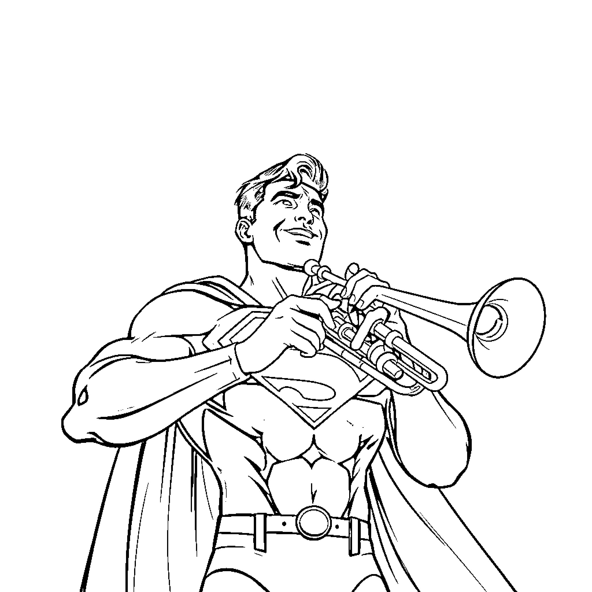 Superman playing trumpet with joy and enthusiasm Coloring Page (free black-and-white line drawing printable PDF for all, from beginners to advanced learners, including children, teens, adults, and seniors)