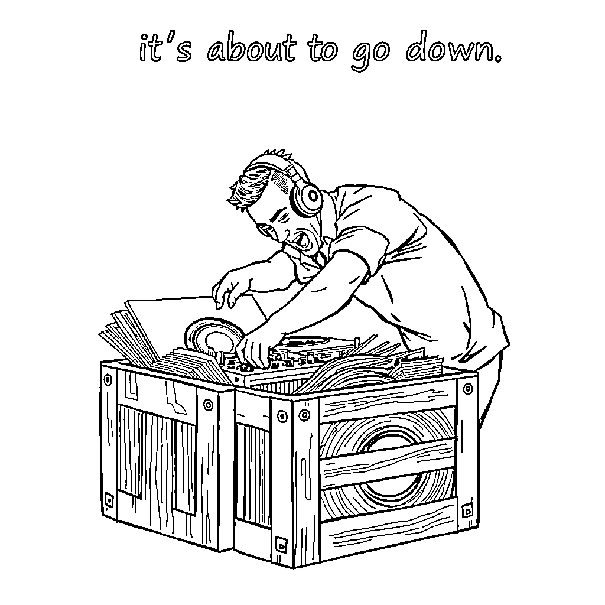 DJ Preparing for an Energetic Performance Coloring Page (free black-and-white line drawing printable PDF for all, from beginners to advanced learners, including children, teens, adults, and seniors)