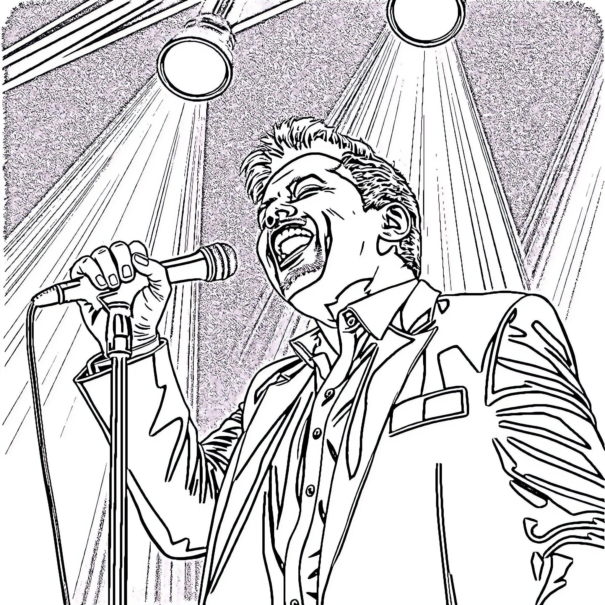 Luis Miguel performing on stage with energy Coloring Page (free black-and-white line drawing printable PDF for all, from beginners to advanced learners, including children, teens, adults, and seniors)