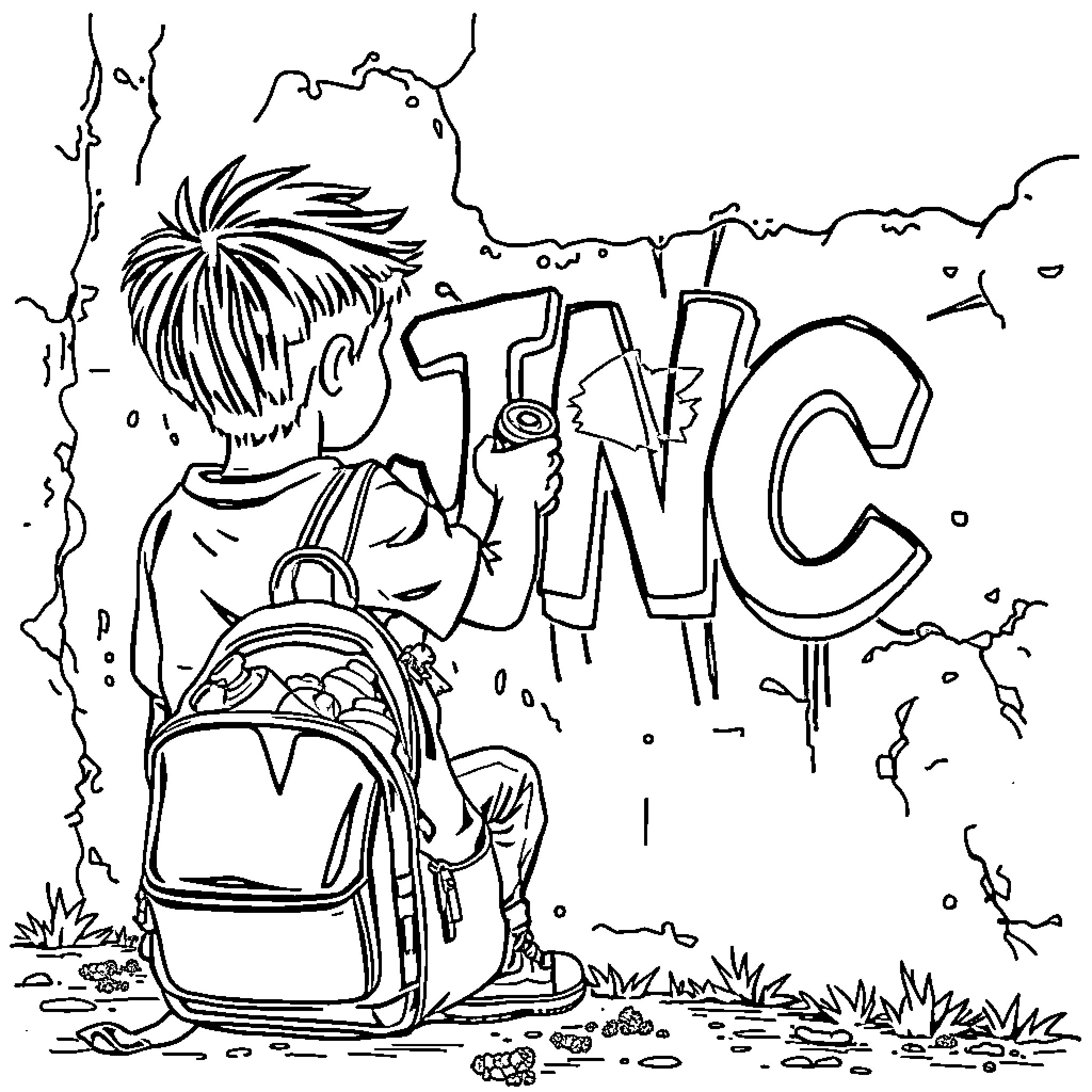 Kid Spraying Graffiti on Wall Coloring Page (free black-and-white line drawing printable PDF for all, from beginners to advanced learners, including children, teens, adults, and seniors)