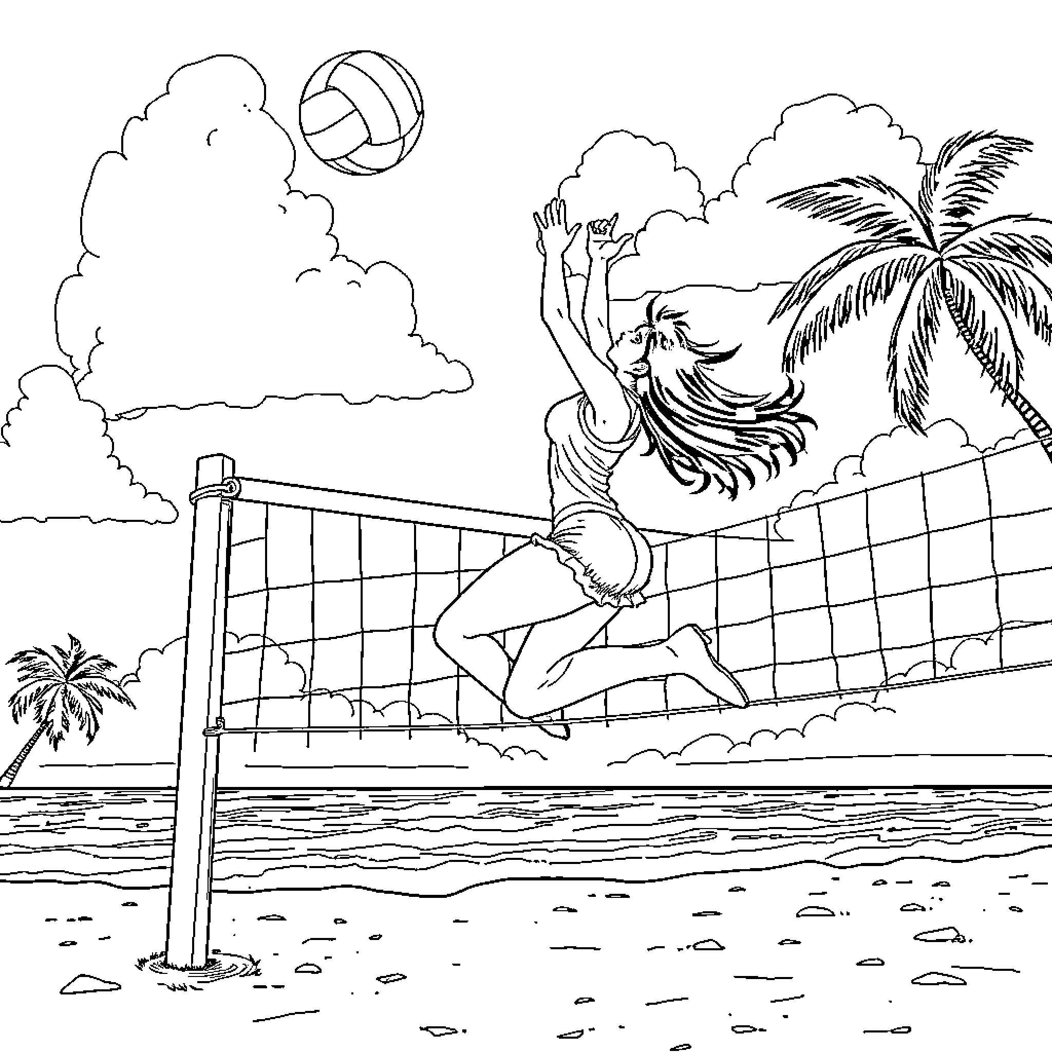 Tifa playing volleyball on the beach Coloring Page (free black-and-white line drawing printable PDF for all, from beginners to advanced learners, including children, teens, adults, and seniors)