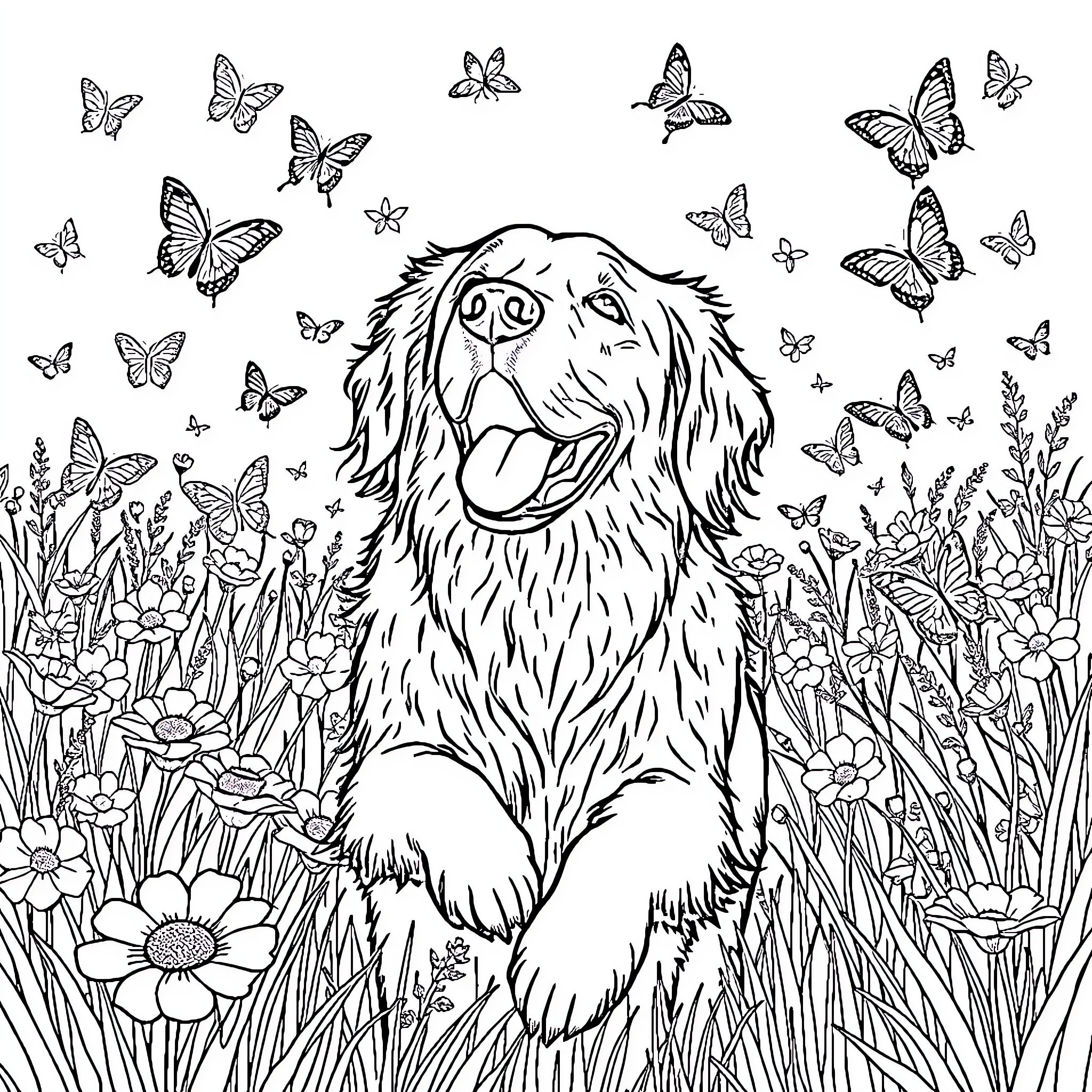 Golden Retriever surrounded by butterflies in a flower field Coloring Page (free black-and-white line drawing printable PDF for all, from beginners to advanced learners, including children, teens, adults, and seniors)
