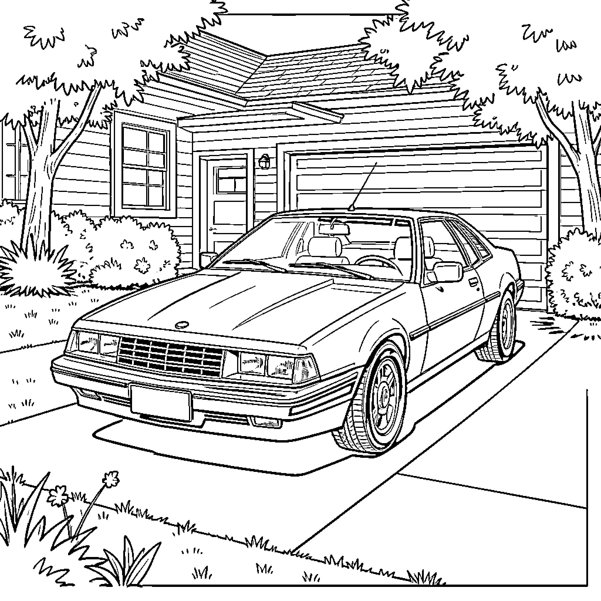 Monte Carlo car parked in front of a house Coloring Page (free black-and-white line drawing printable PDF for all, from beginners to advanced learners, including children, teens, adults, and seniors)