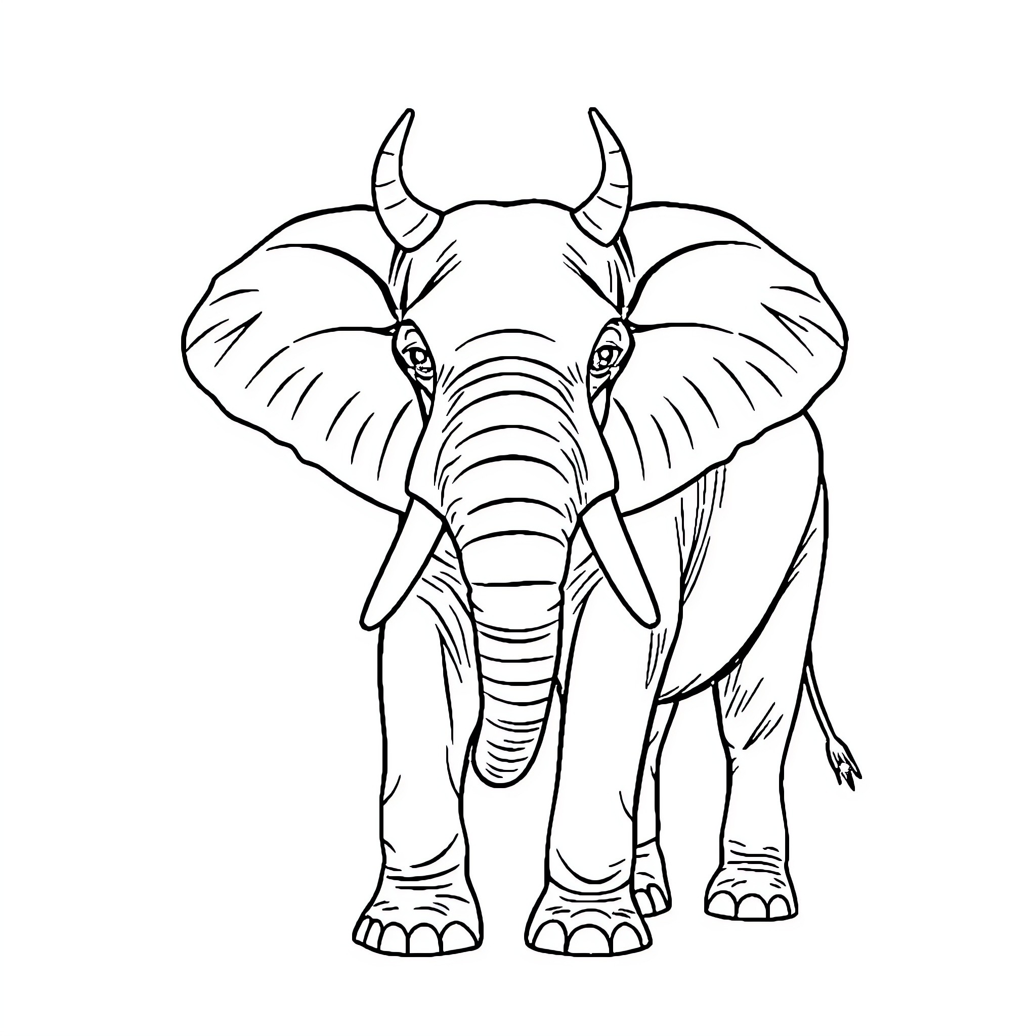 Elephant with majestic horns standing tall Coloring Page (free black-and-white line drawing printable PDF for all, from beginners to advanced learners, including children, teens, adults, and seniors)