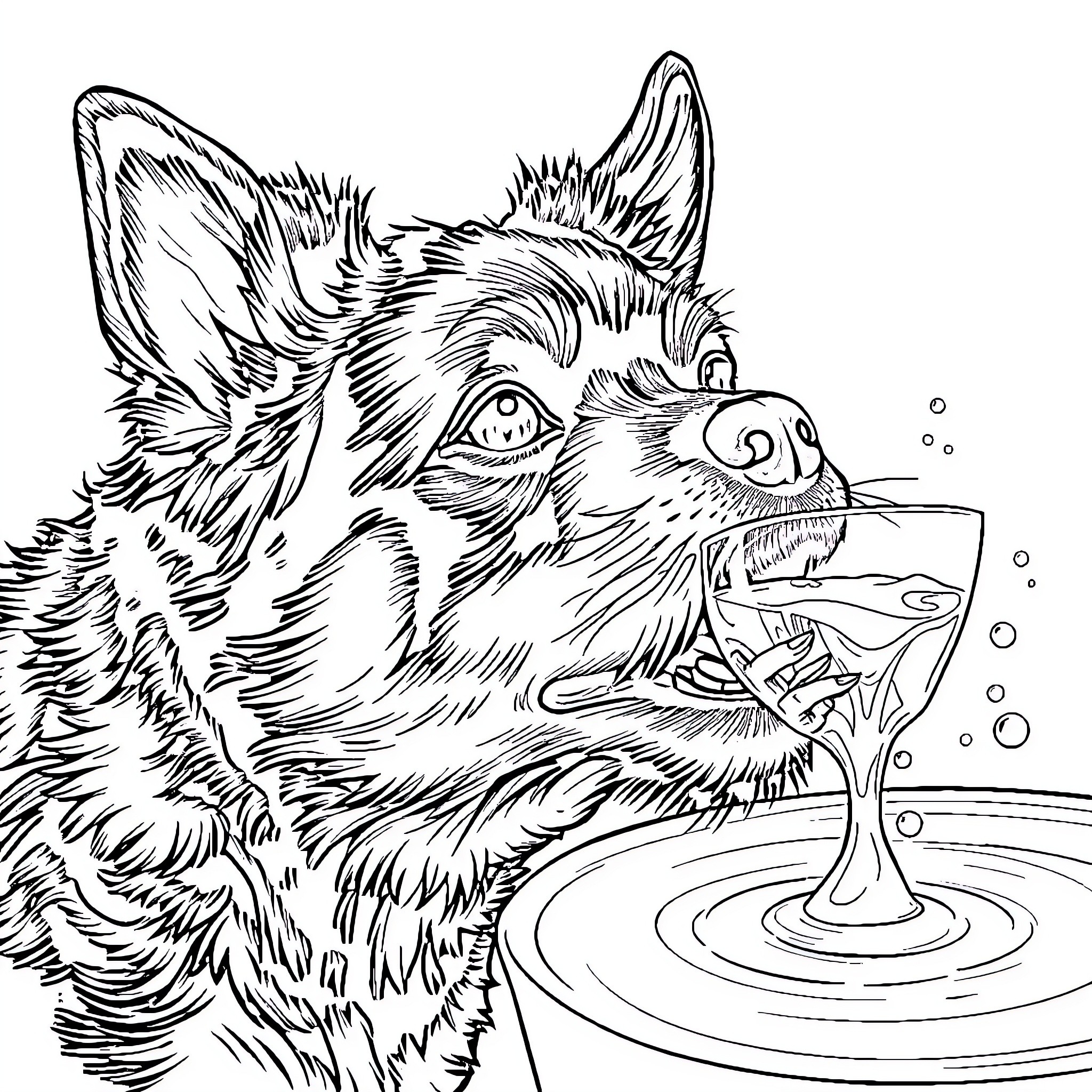 Dog enjoying a drink in the water Coloring Page (free black-and-white line drawing printable PDF for all, from beginners to advanced learners, including children, teens, adults, and seniors)