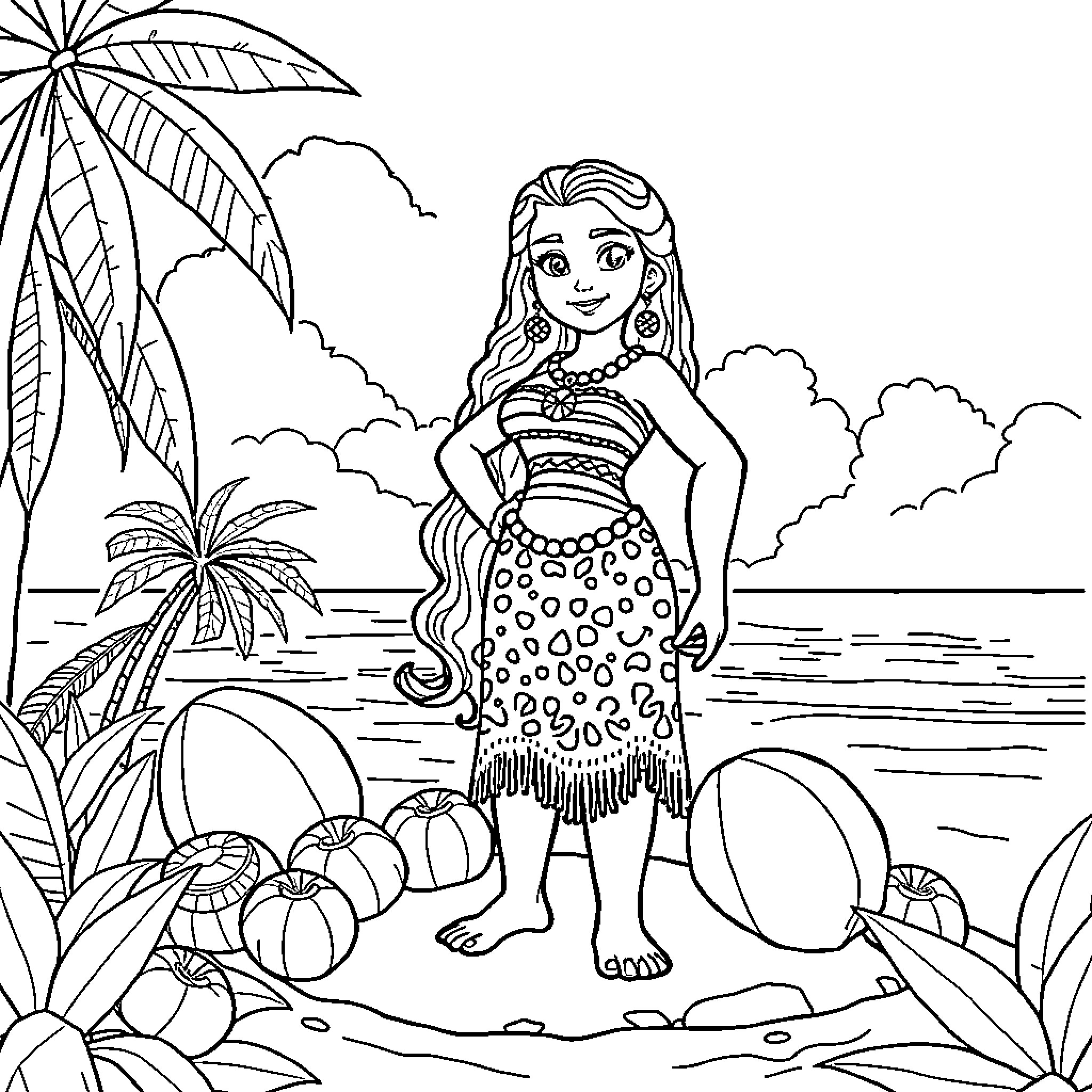 Moana enjoying the tropical beach scenery Coloring Page (free black-and-white line drawing printable PDF for all, from beginners to advanced learners, including children, teens, adults, and seniors)
