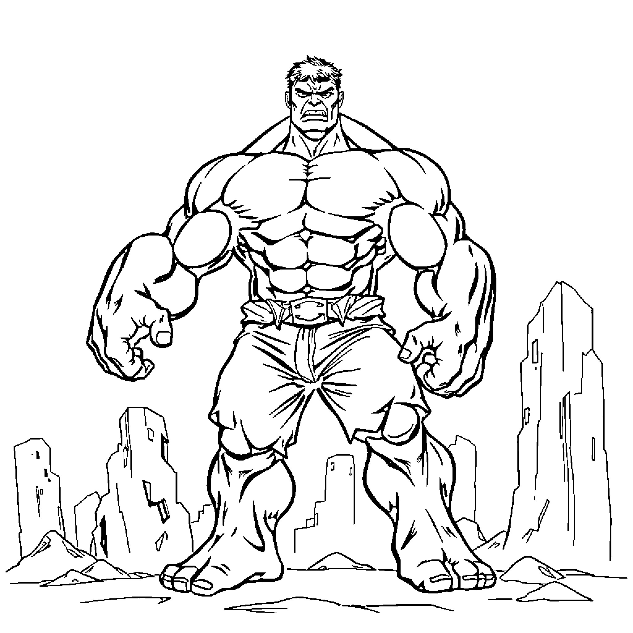 Hulk flexing his muscles in the city Coloring Page (free black-and-white line drawing printable PDF for all, from beginners to advanced learners, including children, teens, adults, and seniors)