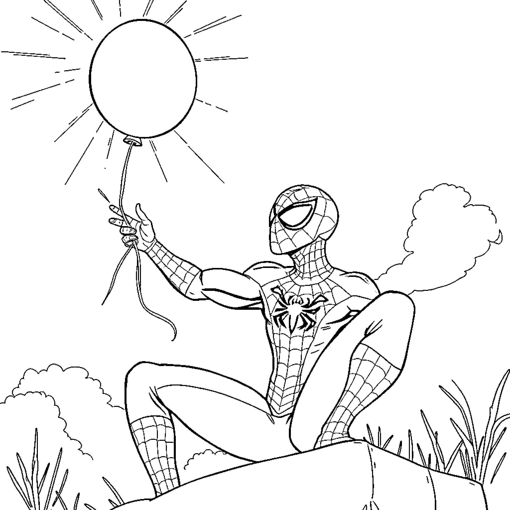 Spiderman enjoying the sunny day Coloring Page (free black-and-white line drawing printable PDF for all, from beginners to advanced learners, including children, teens, adults, and seniors)