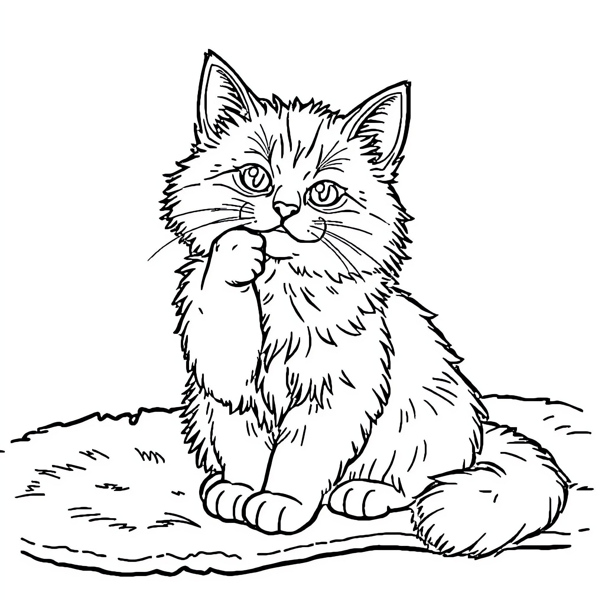 Cat sitting curiously on the ground Coloring Page (free black-and-white line drawing printable PDF for all, from beginners to advanced learners, including children, teens, adults, and seniors)