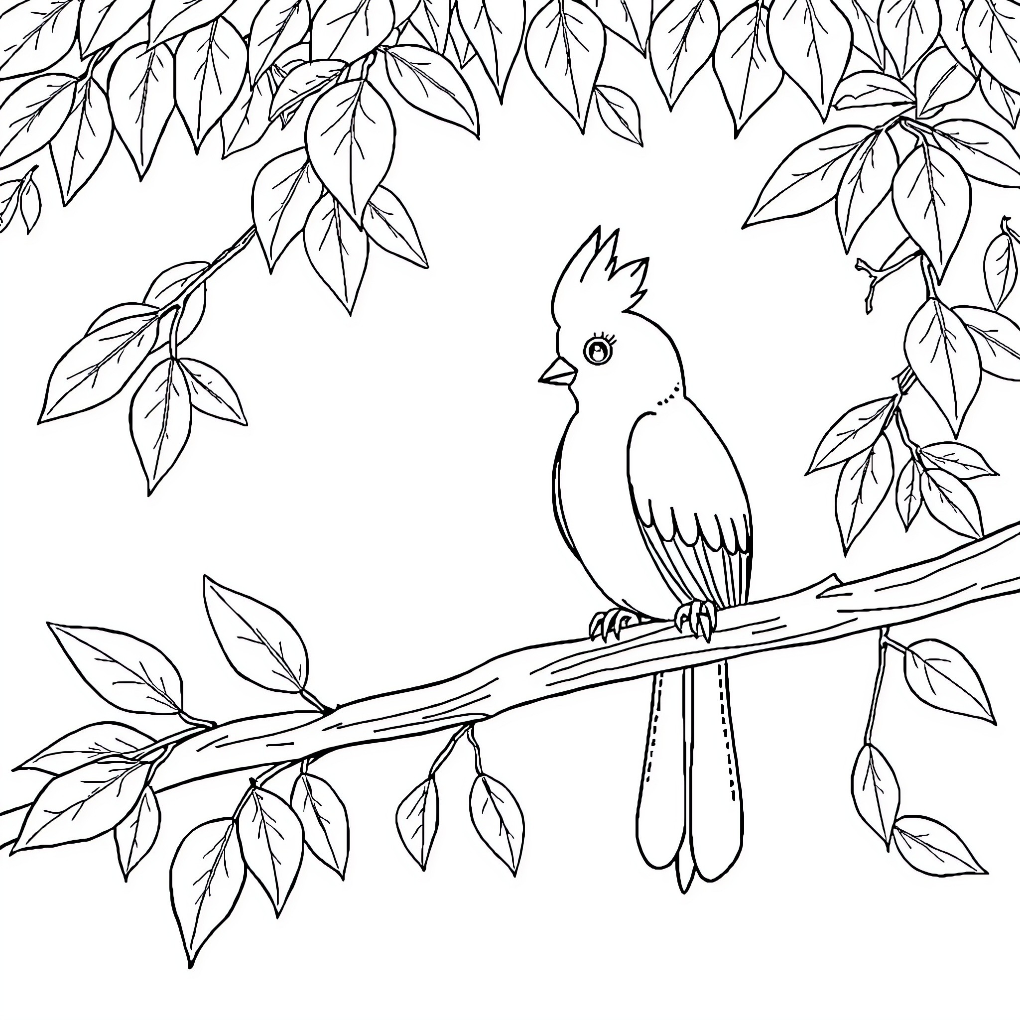 Mono bird perched on branch amid leaves Coloring Page (free black-and-white line drawing printable PDF for all, from beginners to advanced learners, including children, teens, adults, and seniors)
