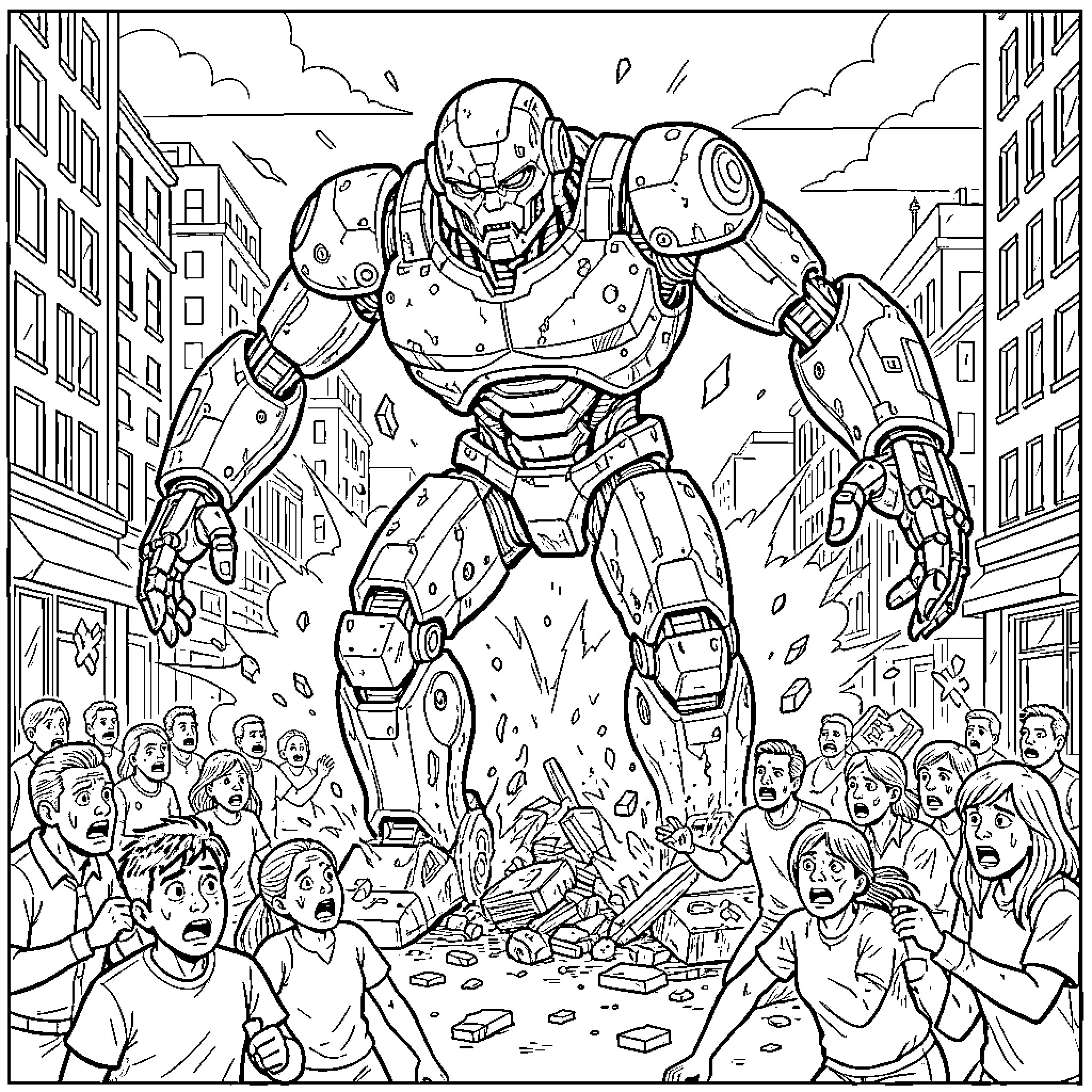 Cybernetic Organism Towers Over Panicked City Dwellers Coloring Page (free black-and-white line drawing printable PDF for all, from beginners to advanced learners, including children, teens, adults, and seniors)