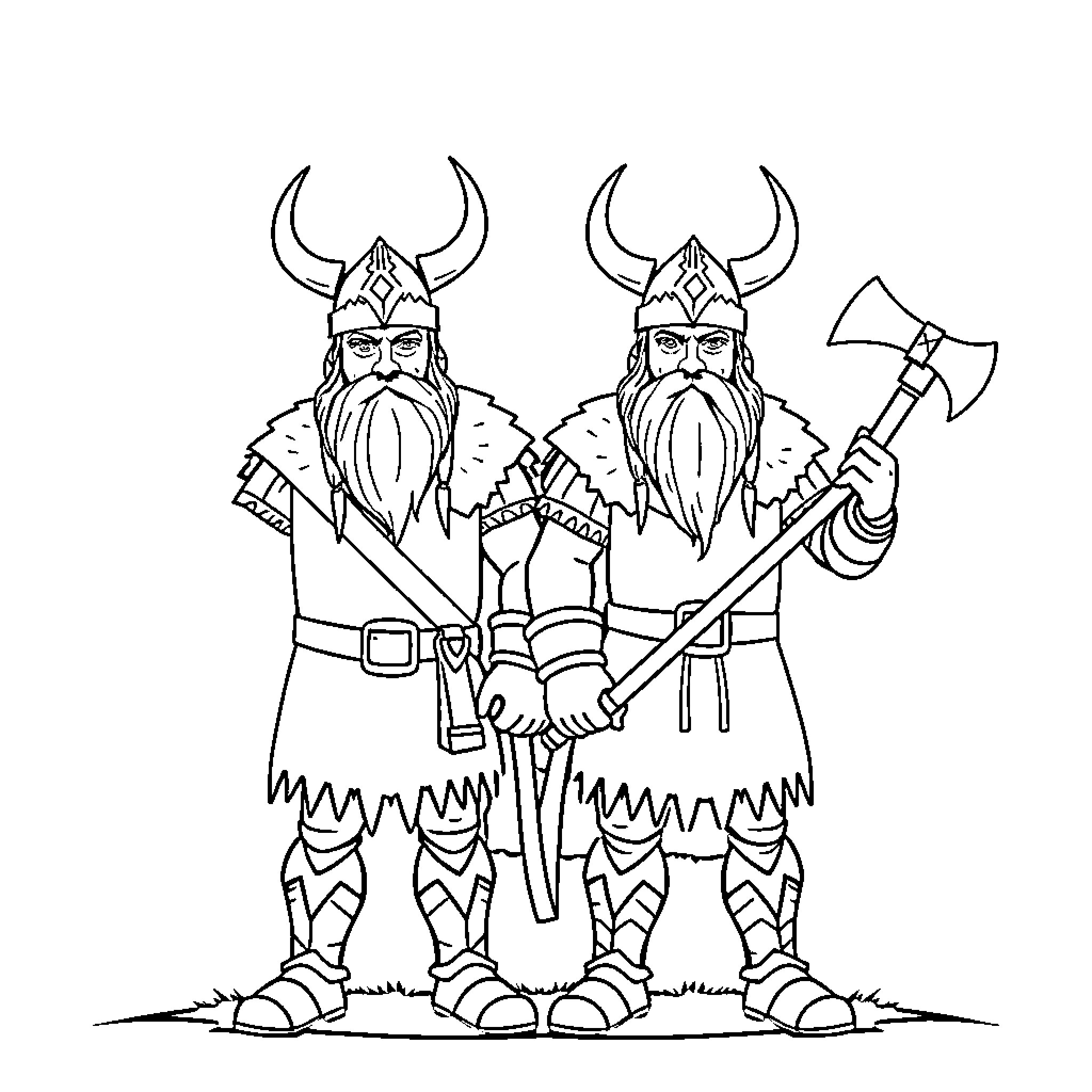 Suske en Wiske as Viking Warriors with Axes Coloring Page (free black-and-white line drawing printable PDF for all, from beginners to advanced learners, including children, teens, adults, and seniors)