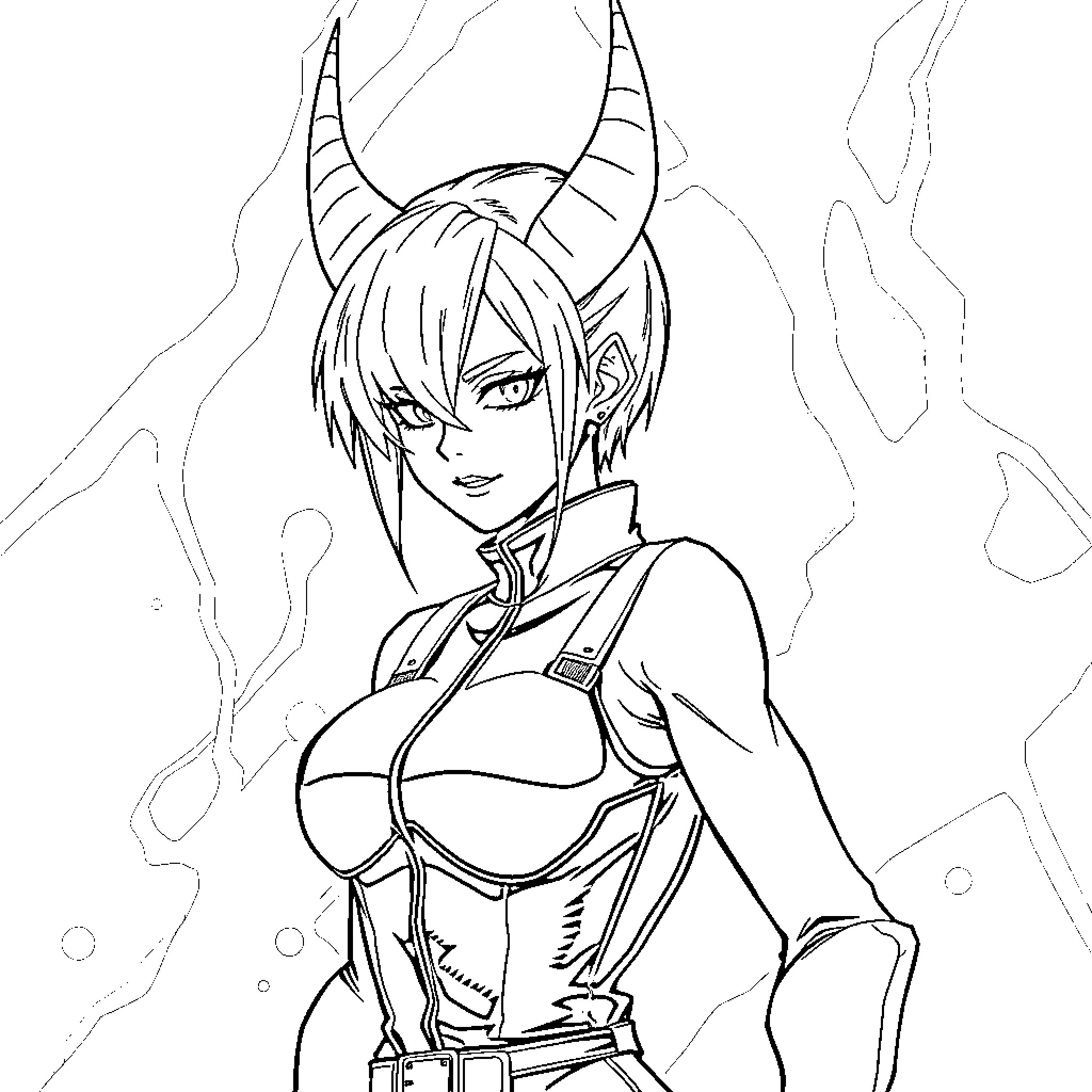 Zero Two in fierce anime-style pose Coloring Page (free black-and-white line drawing printable PDF for all, from beginners to advanced learners, including children, teens, adults, and seniors)