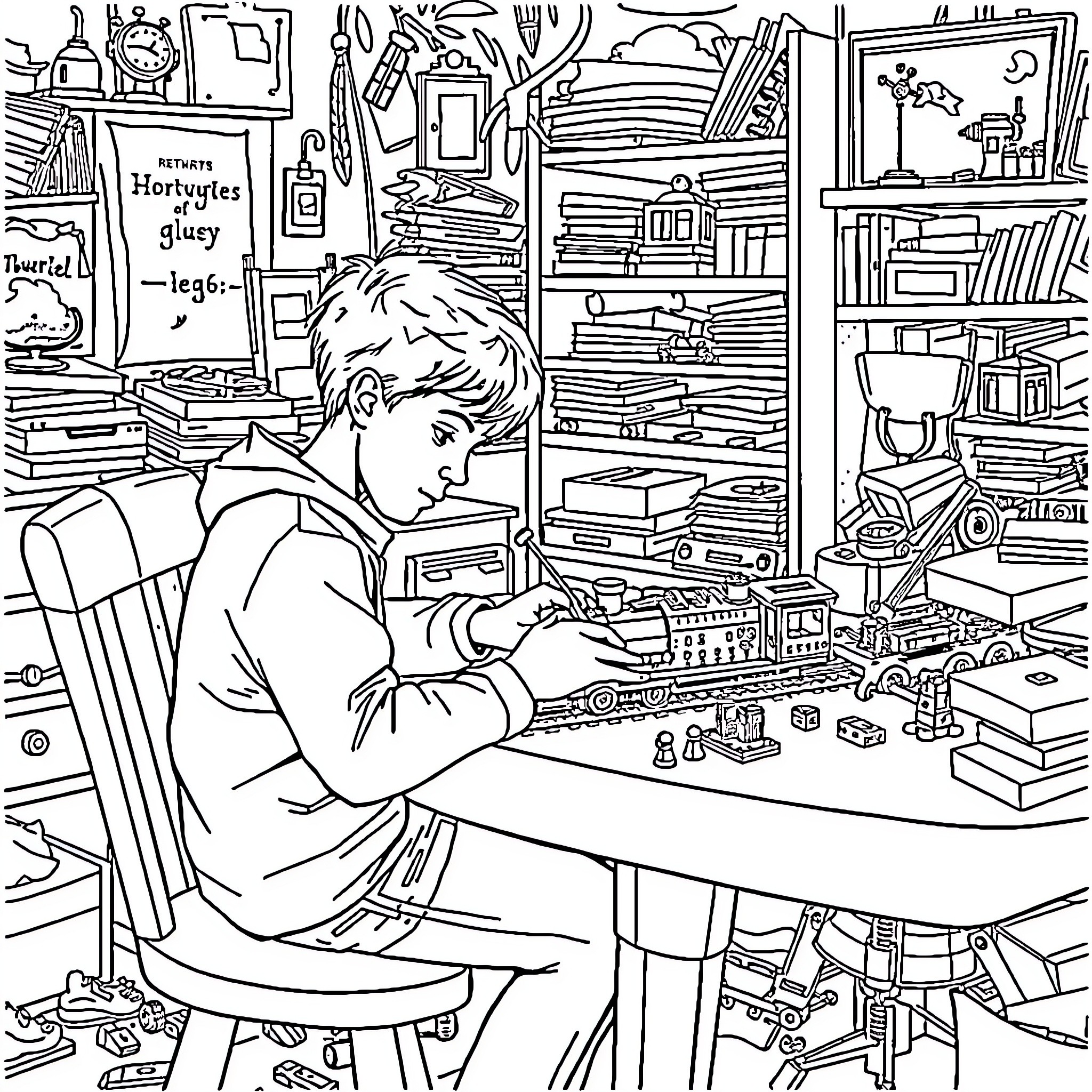 Hogwarts Student Studying in a Cluttered Workspace Coloring Page (free black-and-white line drawing printable PDF for all, from beginners to advanced learners, including children, teens, adults, and seniors)
