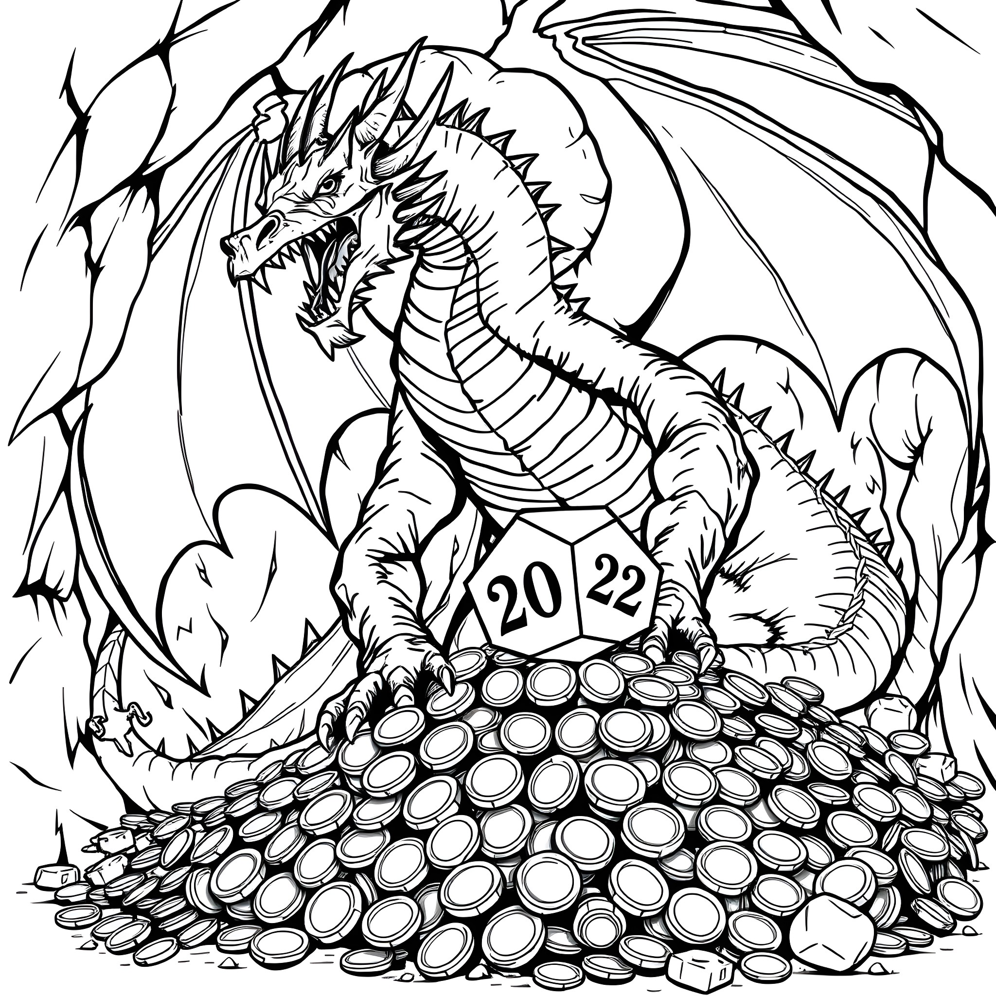 Dragon guarding its valuable treasure hoard Coloring Page (free black-and-white line drawing printable PDF for all, from beginners to advanced learners, including children, teens, adults, and seniors)