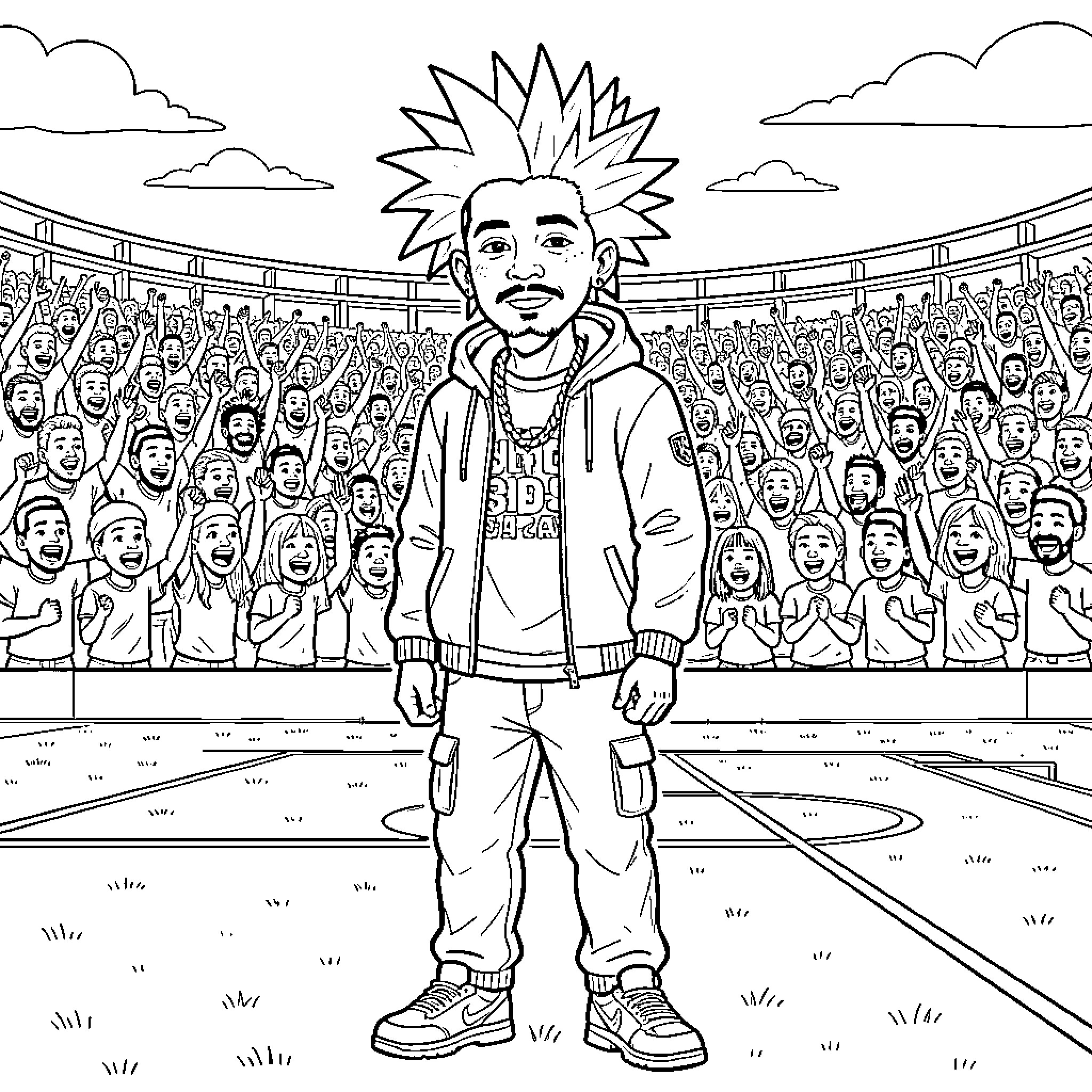 Sabotage in the Stadium: Crowds and Confrontation Coloring Page (free black-and-white line drawing printable PDF for all, from beginners to advanced learners, including children, teens, adults, and seniors)