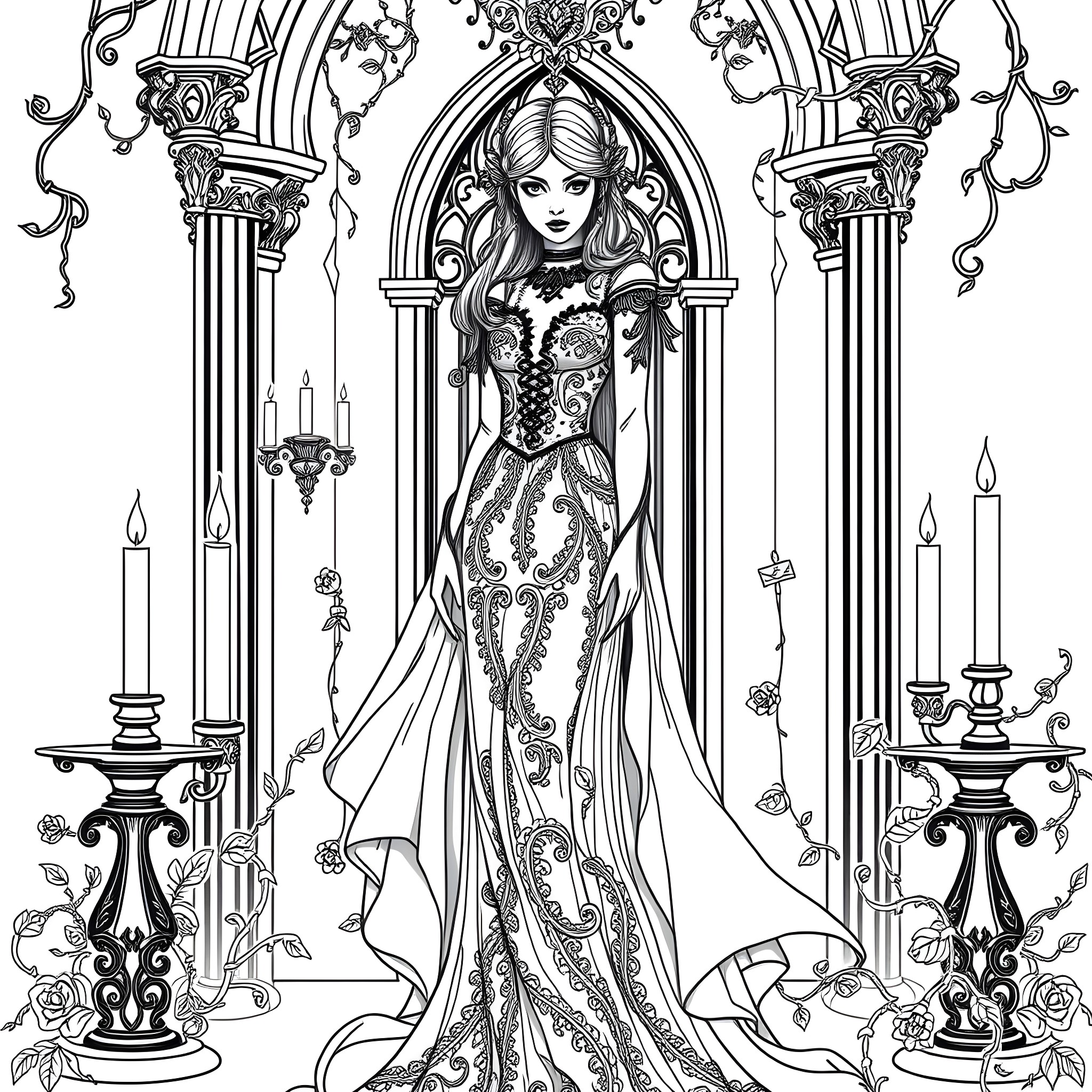 Woman in ornate medieval gown standing in Gothic arch Coloring Page (free black-and-white line drawing printable PDF for all, from beginners to advanced learners, including children, teens, adults, and seniors)