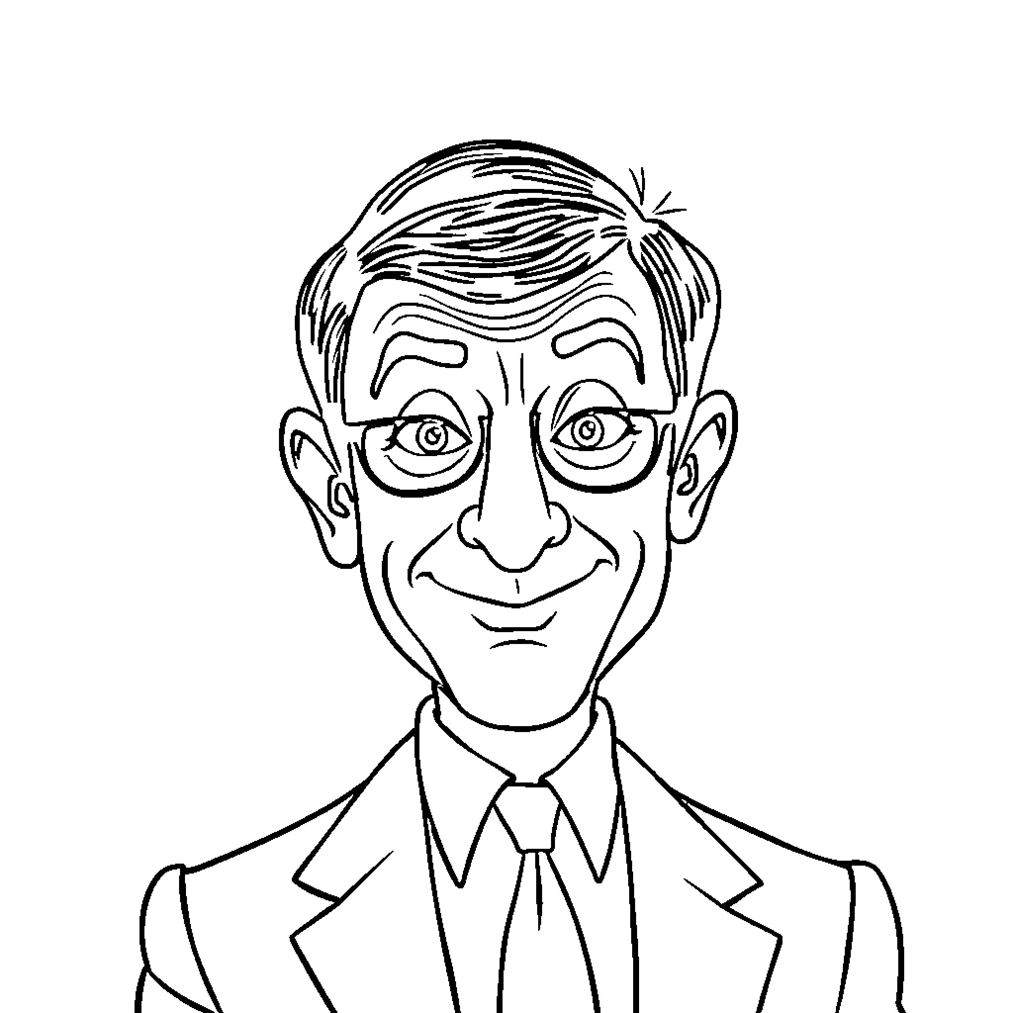 Mr Bean's Comical Facial Expressions in Formal Attire Coloring Page (free black-and-white line drawing printable PDF for all, from beginners to advanced learners, including children, teens, adults, and seniors)