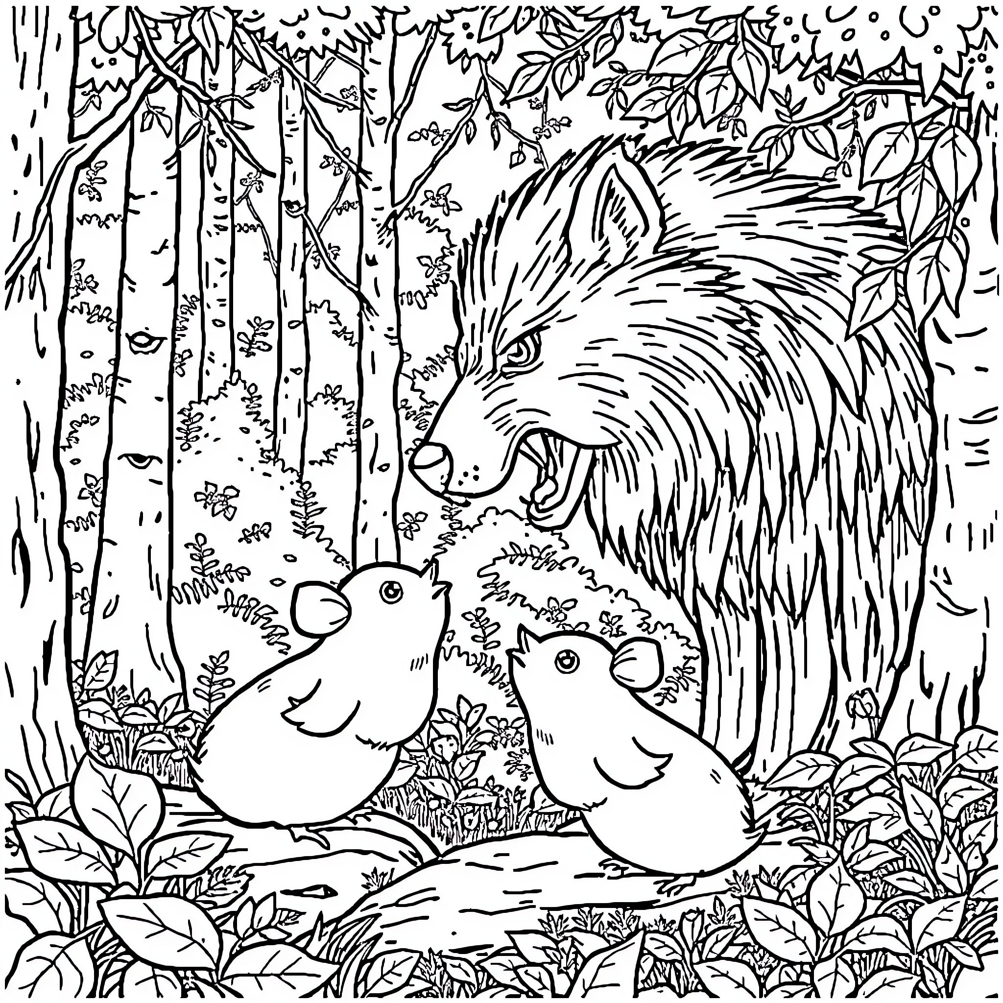 Cochon of forest animals in nature Coloring Page (free black-and-white line drawing printable PDF for all, from beginners to advanced learners, including children, teens, adults, and seniors)