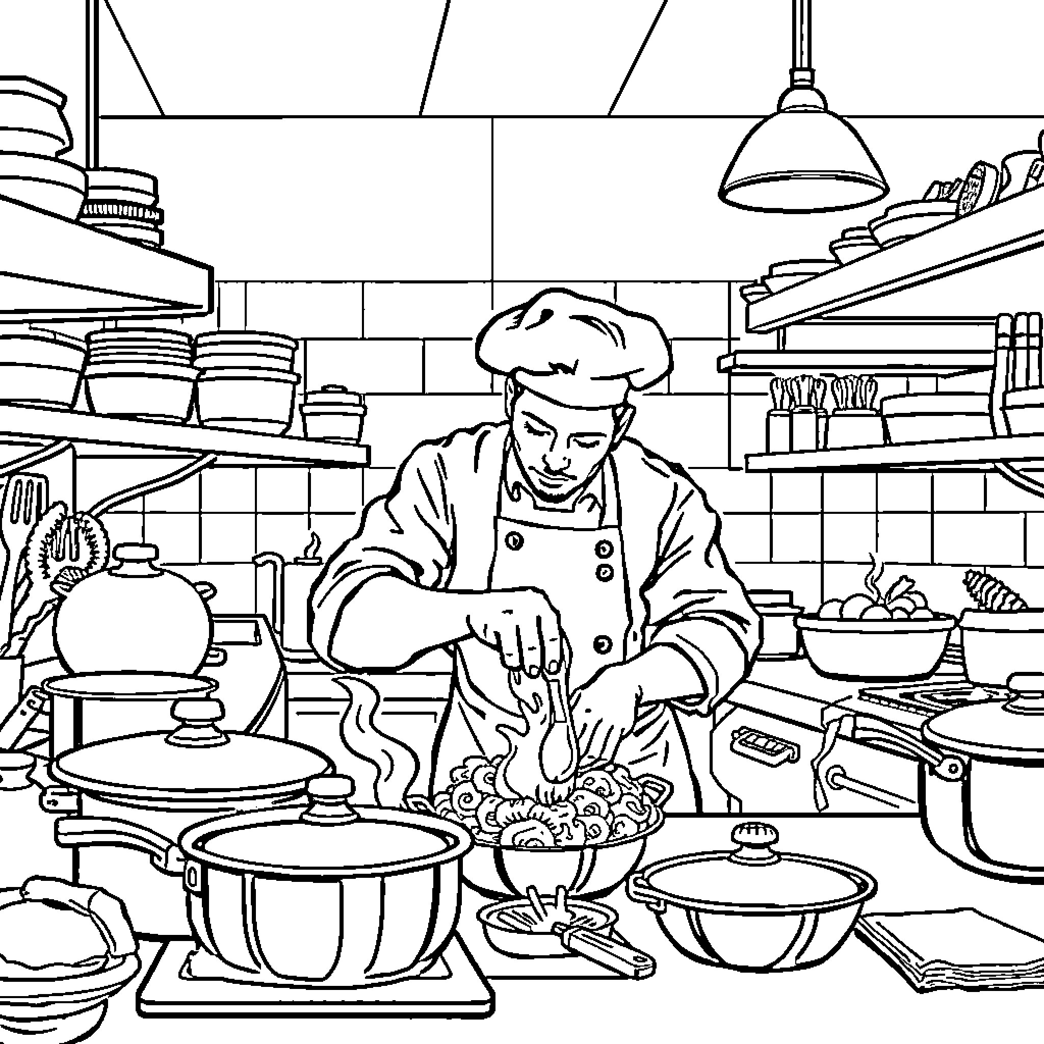 Chef working diligently in a busy kitchen Coloring Page (free black-and-white line drawing printable PDF for all, from beginners to advanced learners, including children, teens, adults, and seniors)