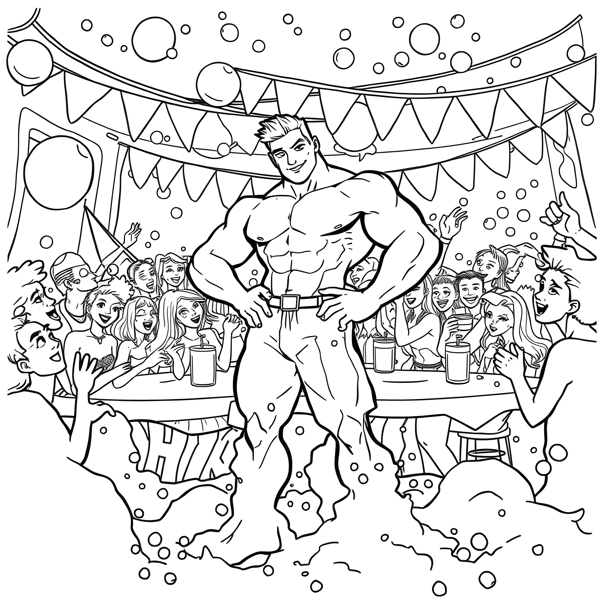 Muscleman Flexing at a Lively Party Coloring Page (free black-and-white line drawing printable PDF for all, from beginners to advanced learners, including children, teens, adults, and seniors)