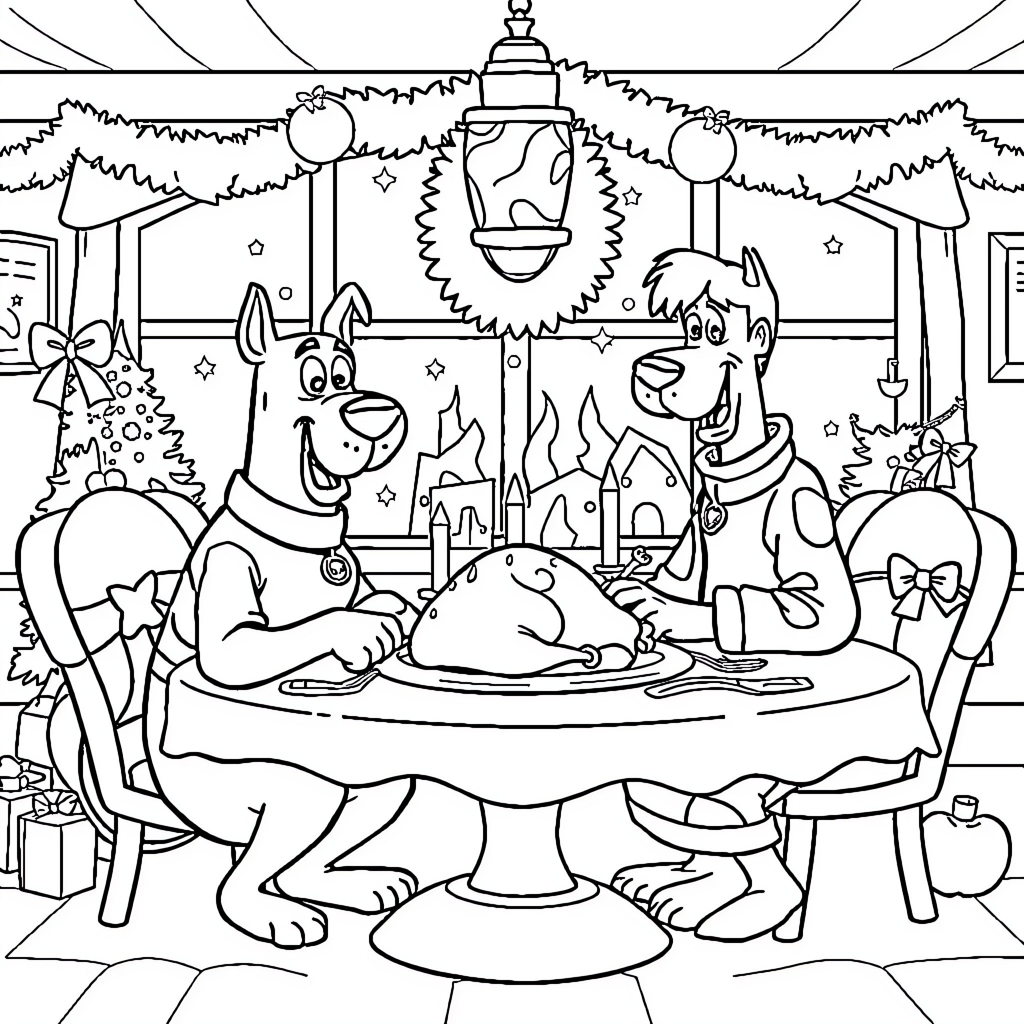 Scooby Doo and the Festive Feast Coloring Page (free black-and-white line drawing printable PDF for all, from beginners to advanced learners, including children, teens, adults, and seniors)