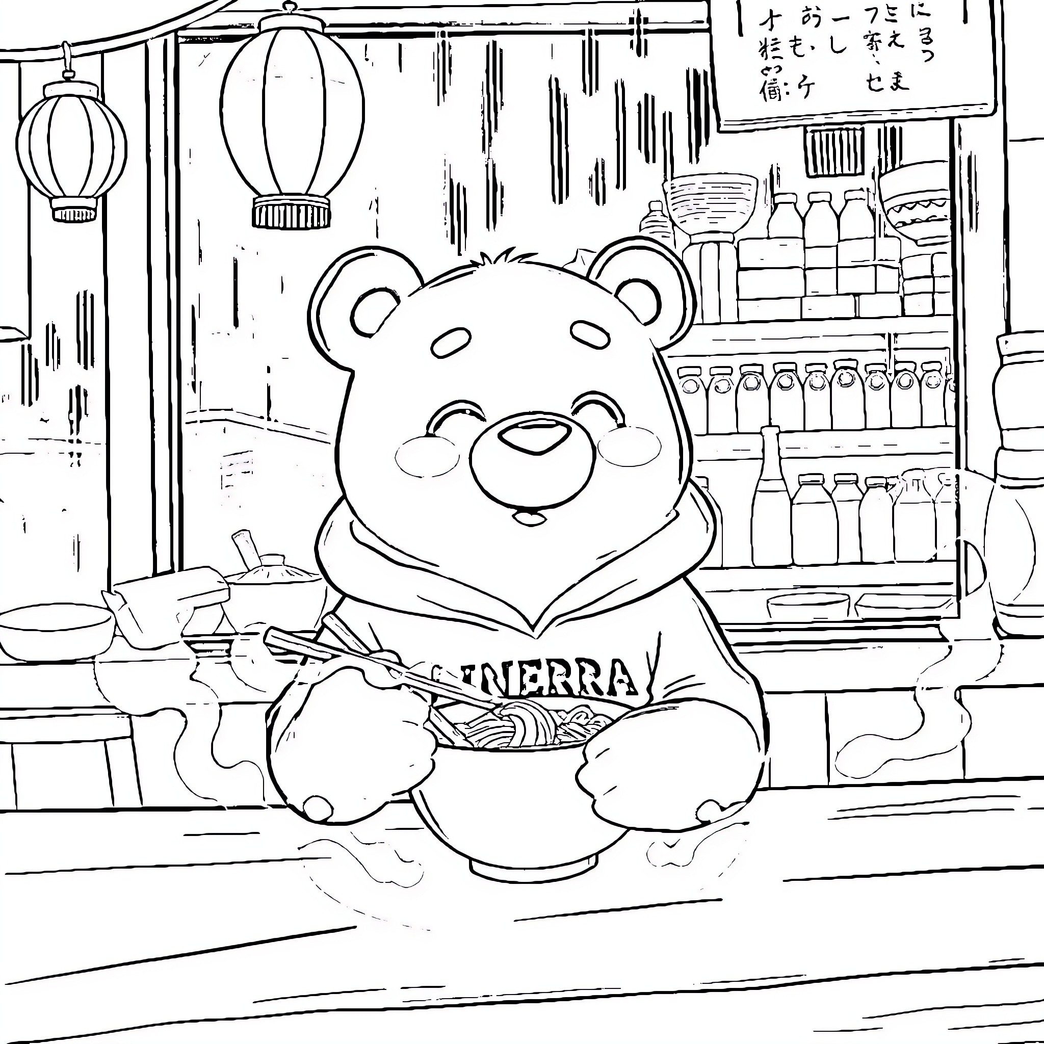 Bear visiting a local shop Coloring Page (free black-and-white line drawing printable PDF for all, from beginners to advanced learners, including children, teens, adults, and seniors)
