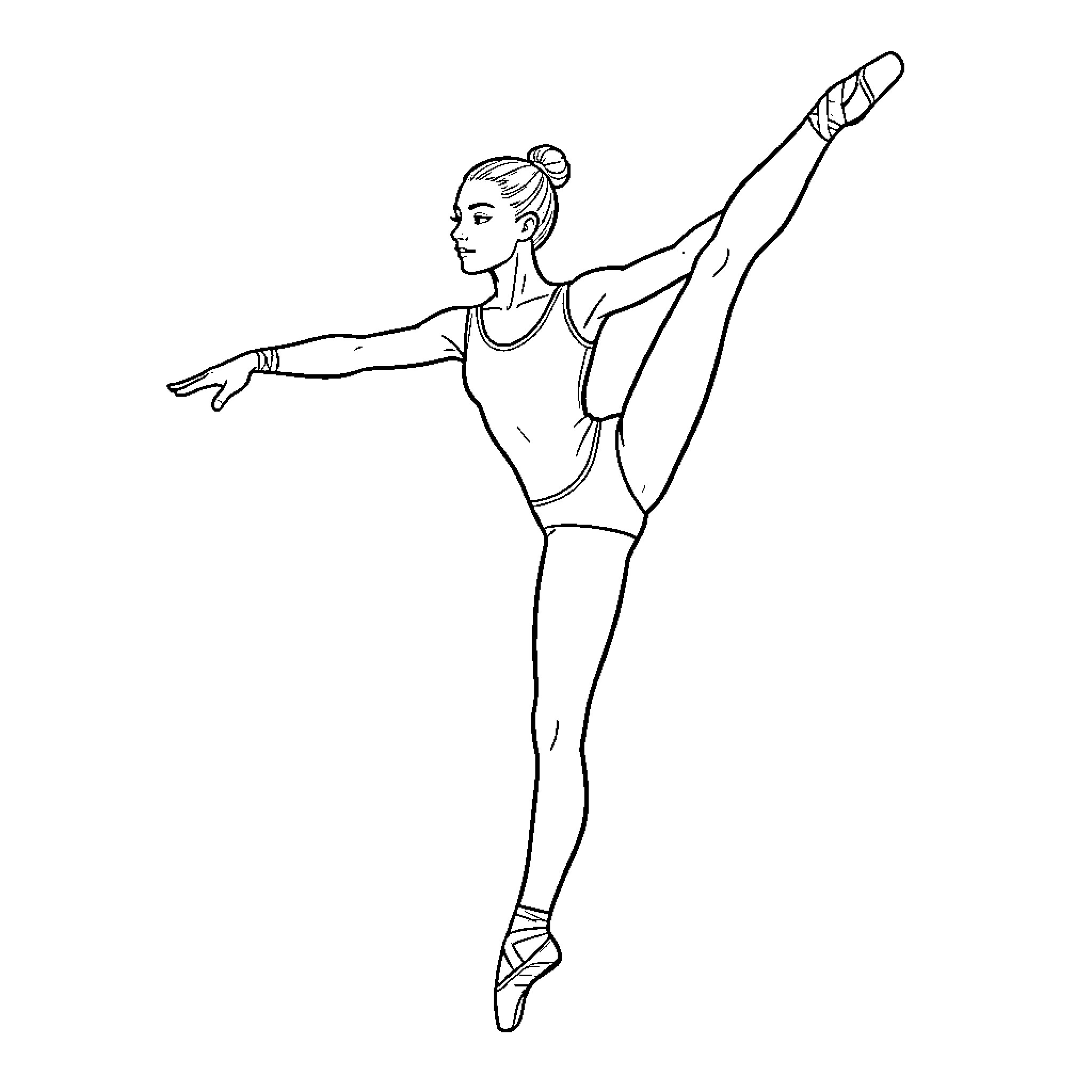 Gymnast performing an elegant ballet pose Coloring Page (free black-and-white line drawing printable PDF for all, from beginners to advanced learners, including children, teens, adults, and seniors)