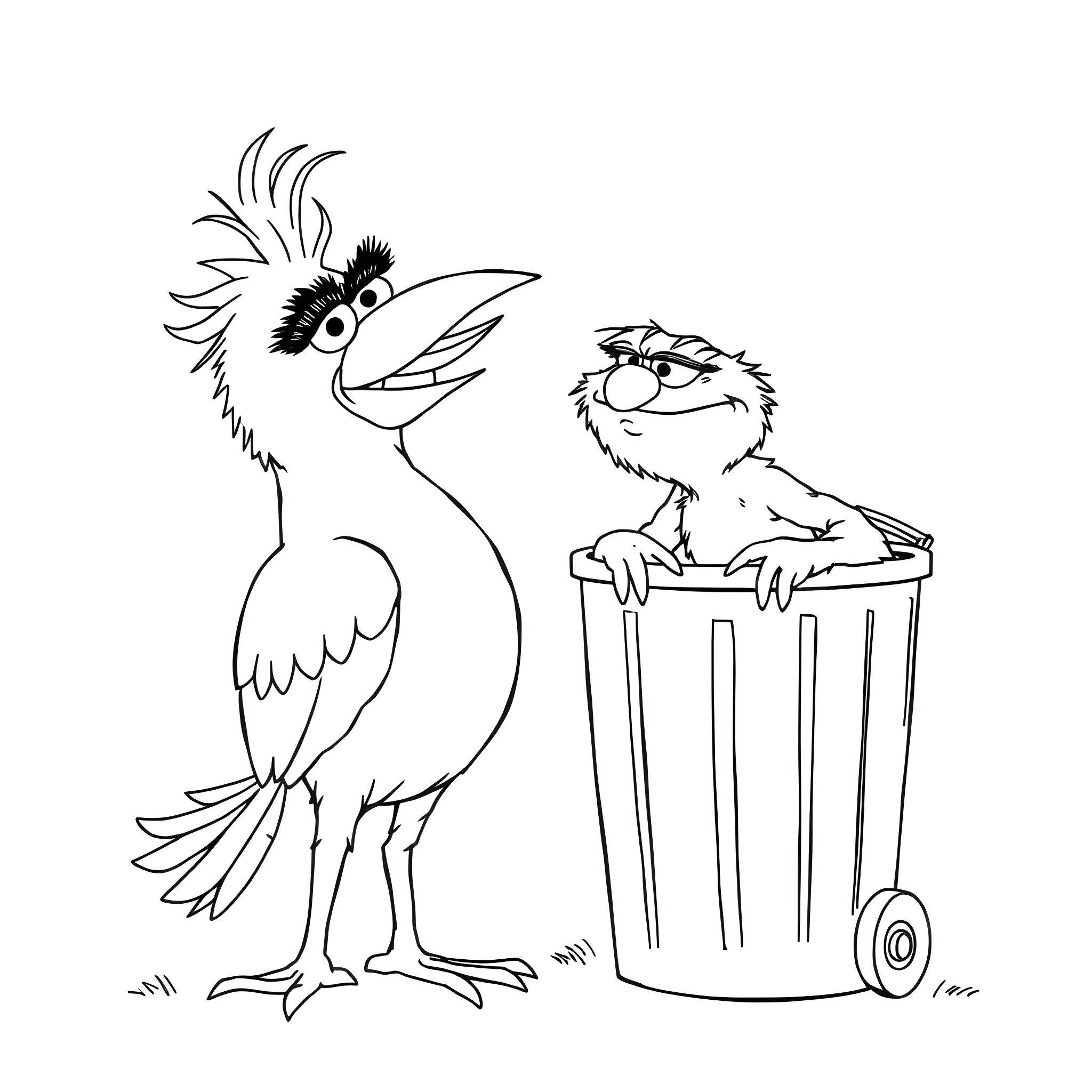 Bird characters exploring trash can Coloring Page (free black-and-white line drawing printable PDF for all, from beginners to advanced learners, including children, teens, adults, and seniors)