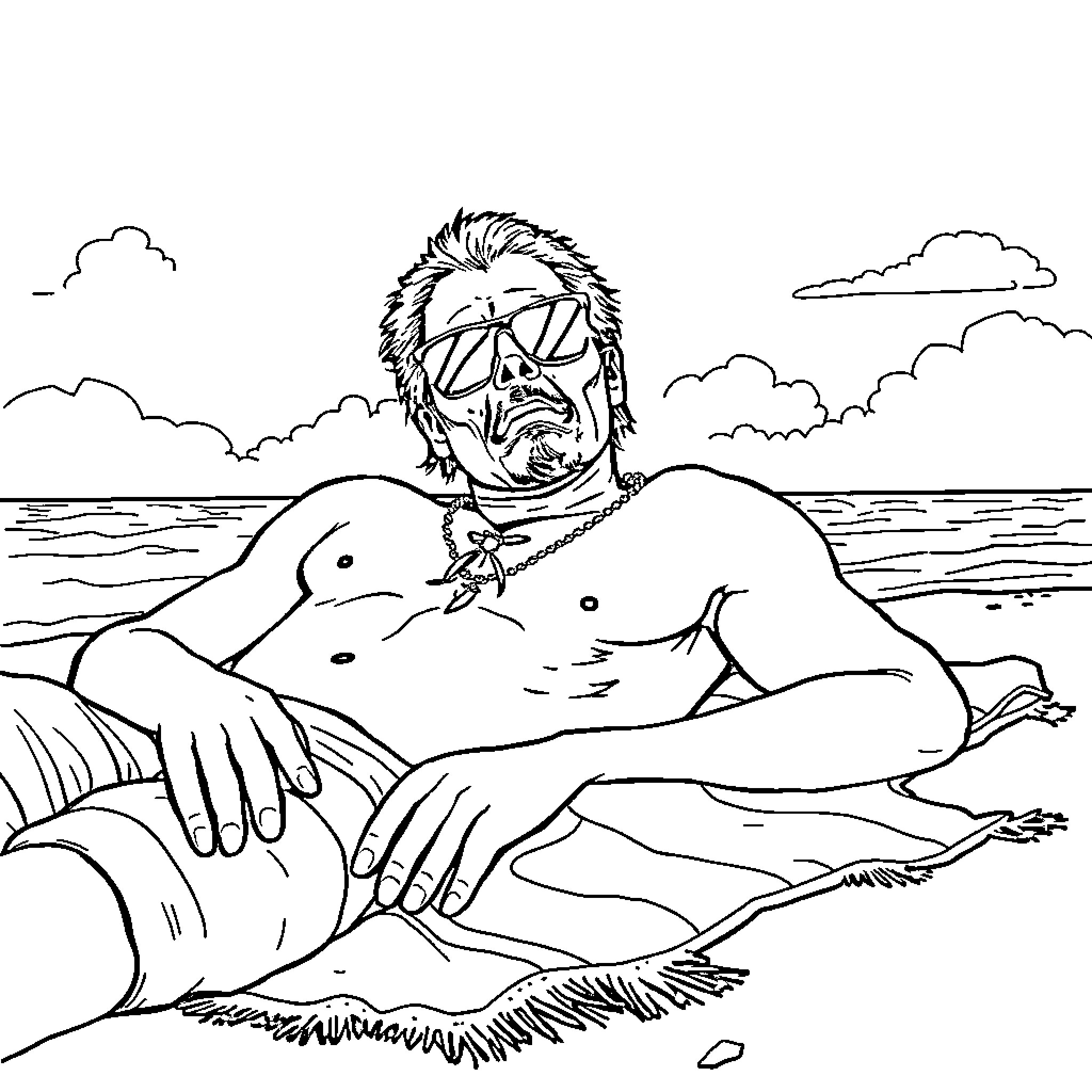 Leatherface relaxing by the shore Coloring Page (free black-and-white line drawing printable PDF for all, from beginners to advanced learners, including children, teens, adults, and seniors)