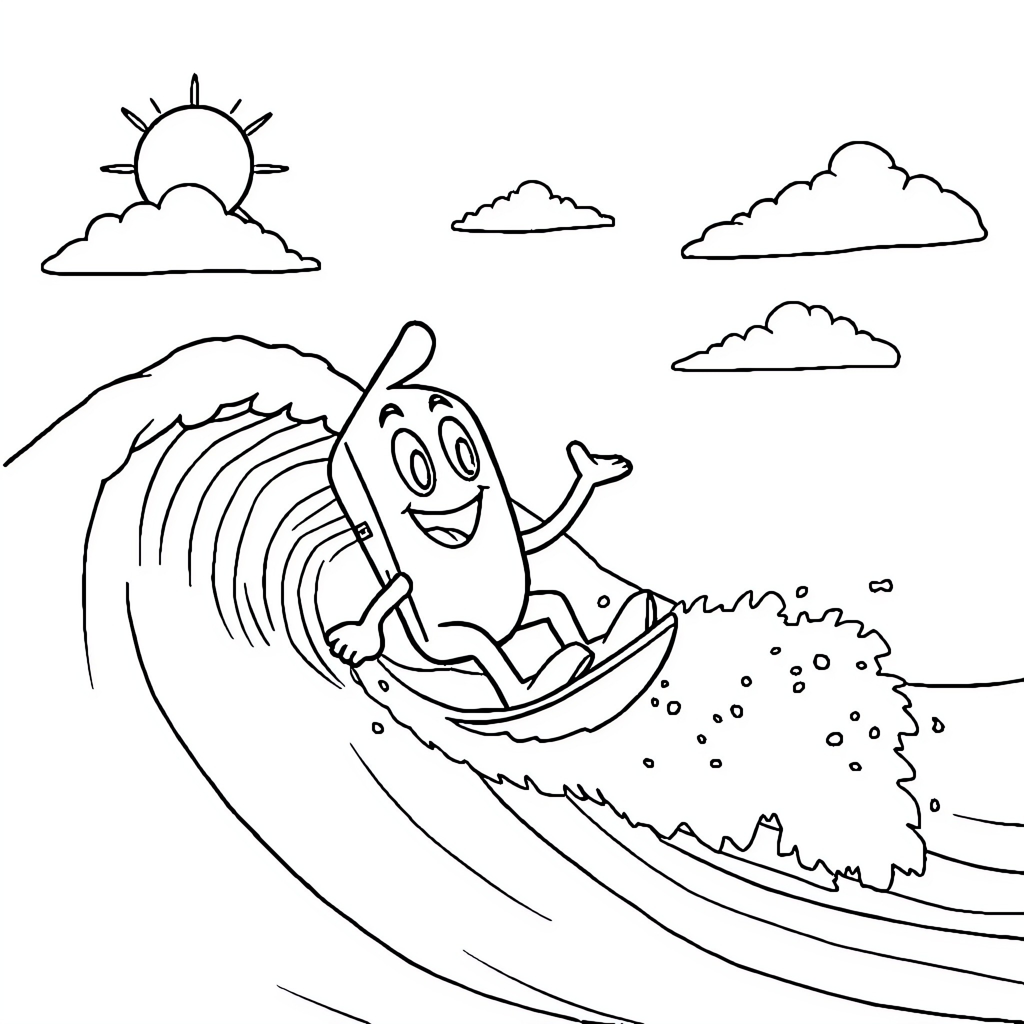 Gumby enjoying a fun wave ride Coloring Page (free black-and-white line drawing printable PDF for all, from beginners to advanced learners, including children, teens, adults, and seniors)