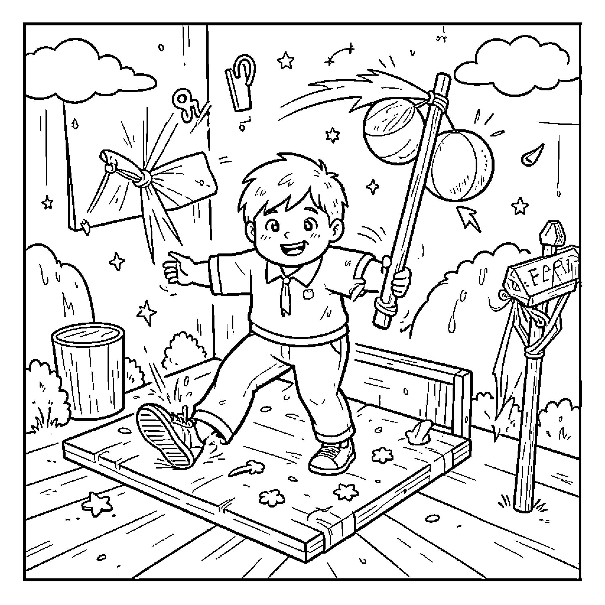 Illusion of a boy performing a juggling act Coloring Page (free black-and-white line drawing printable PDF for all, from beginners to advanced learners, including children, teens, adults, and seniors)