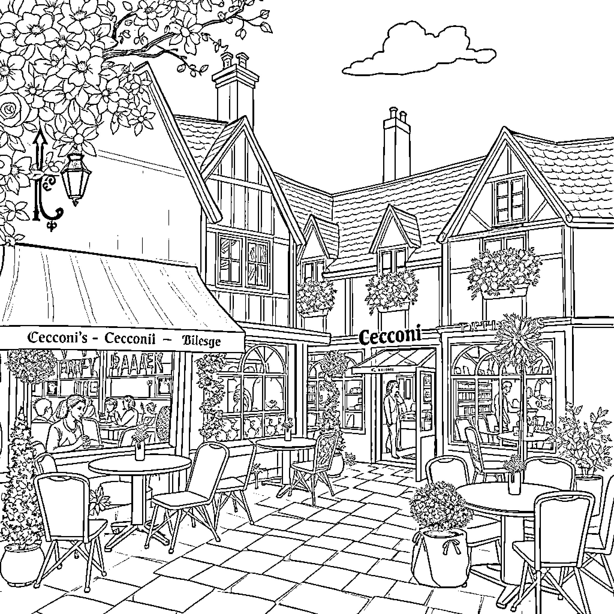 Cecconi's - Cecconi's Village Coloring Page (free black-and-white line drawing printable PDF for all, from beginners to advanced learners, including children, teens, adults, and seniors)