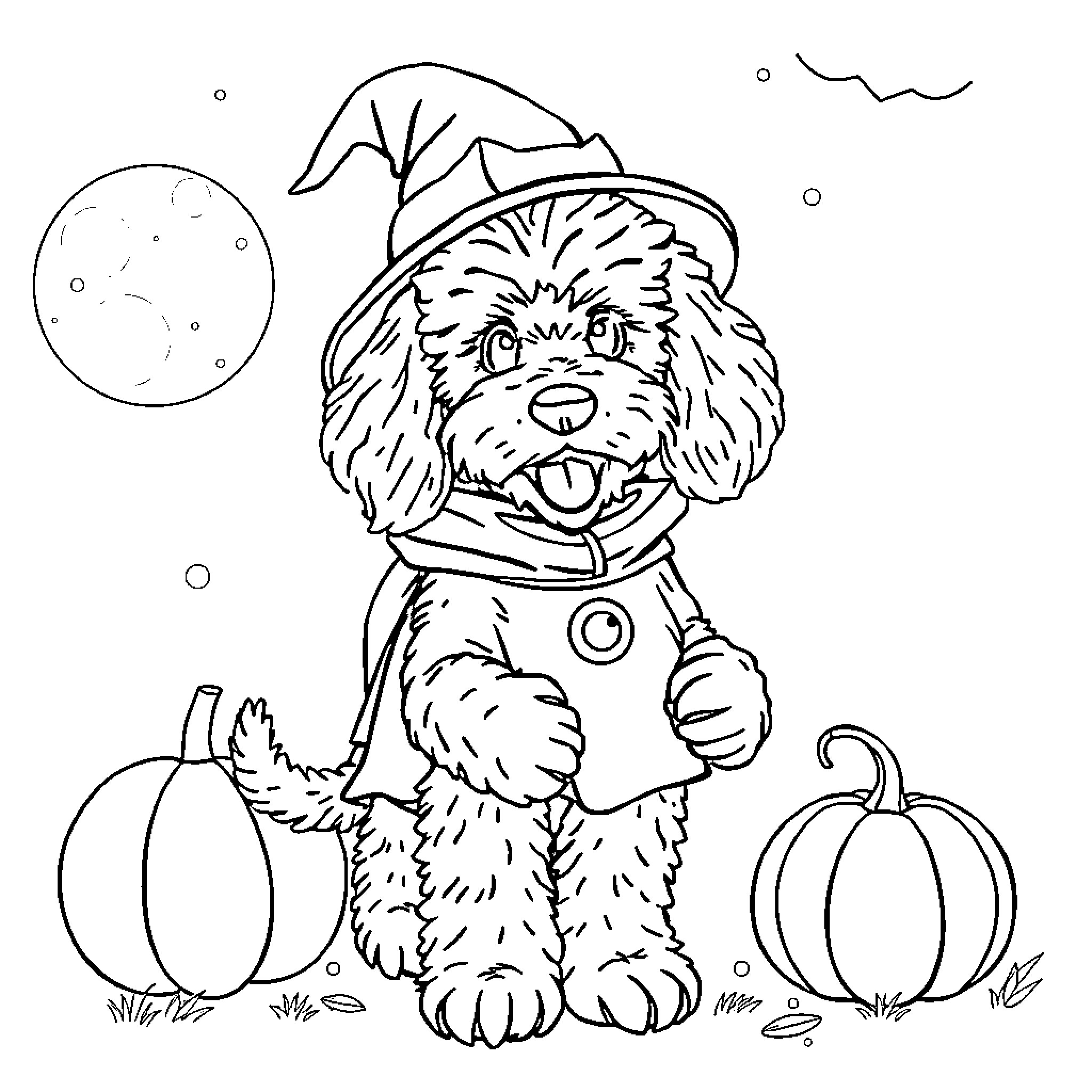Golden Doodle Pup in Witch Costume with Pumpkins Coloring Page (free black-and-white line drawing printable PDF for all, from beginners to advanced learners, including children, teens, adults, and seniors)