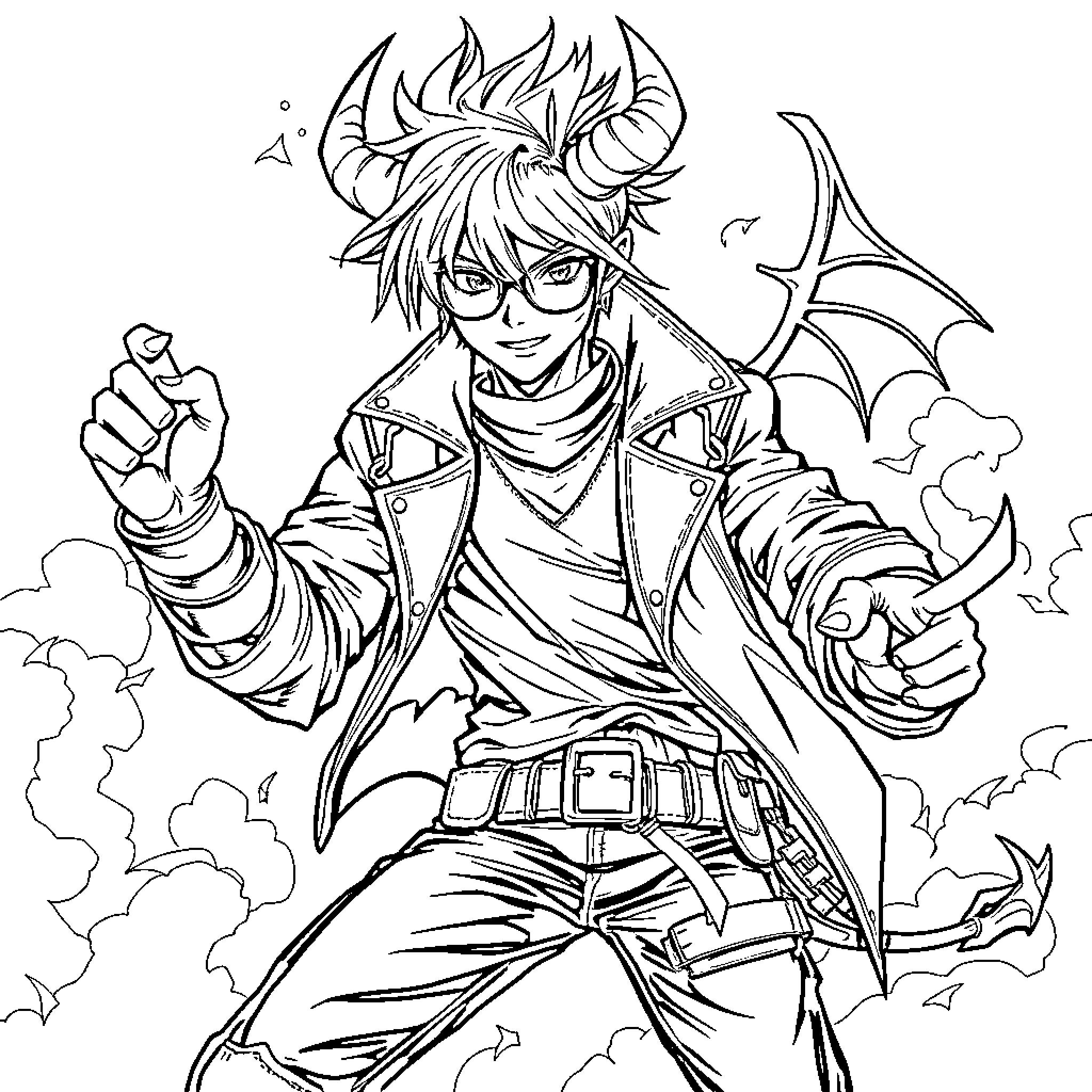 Demon Hunter battles with determination and ferocity Coloring Page (free black-and-white line drawing printable PDF for all, from beginners to advanced learners, including children, teens, adults, and seniors)