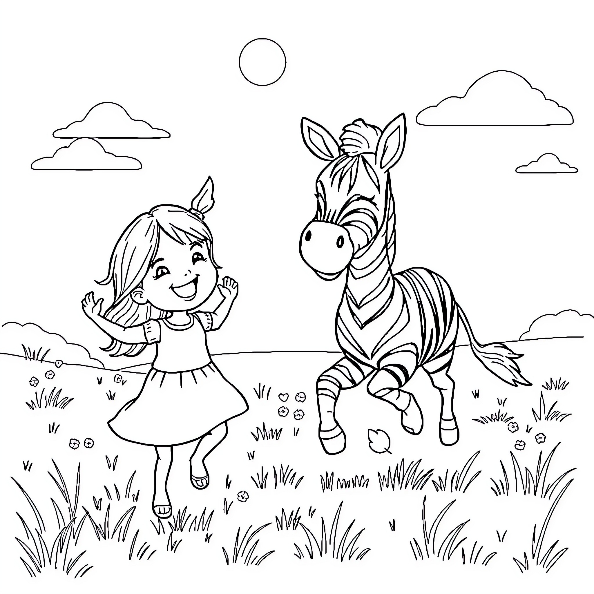 Zebra and Girl Exploring the Outdoors Coloring Page (free black-and-white line drawing printable PDF for all, from beginners to advanced learners, including children, teens, adults, and seniors)
